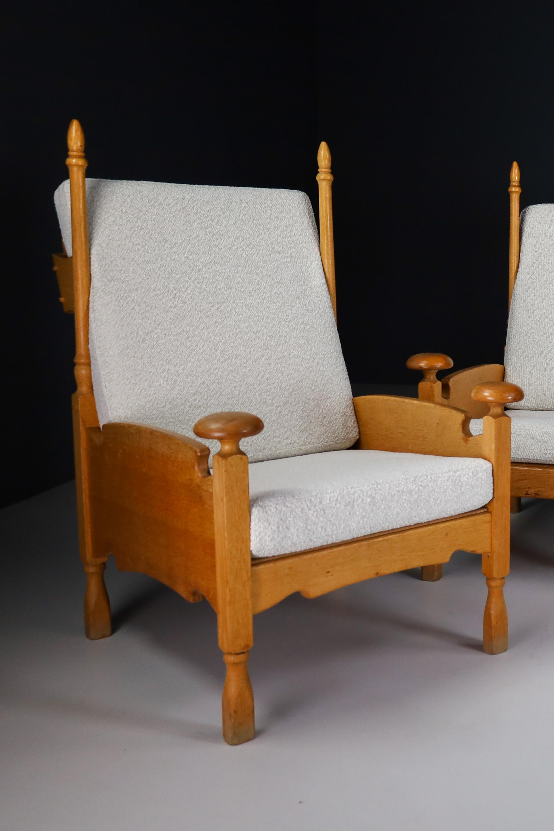 French Sculptural Highback Armchairs in Oak and Reupholstered in Boucle Fabric For Sale 1