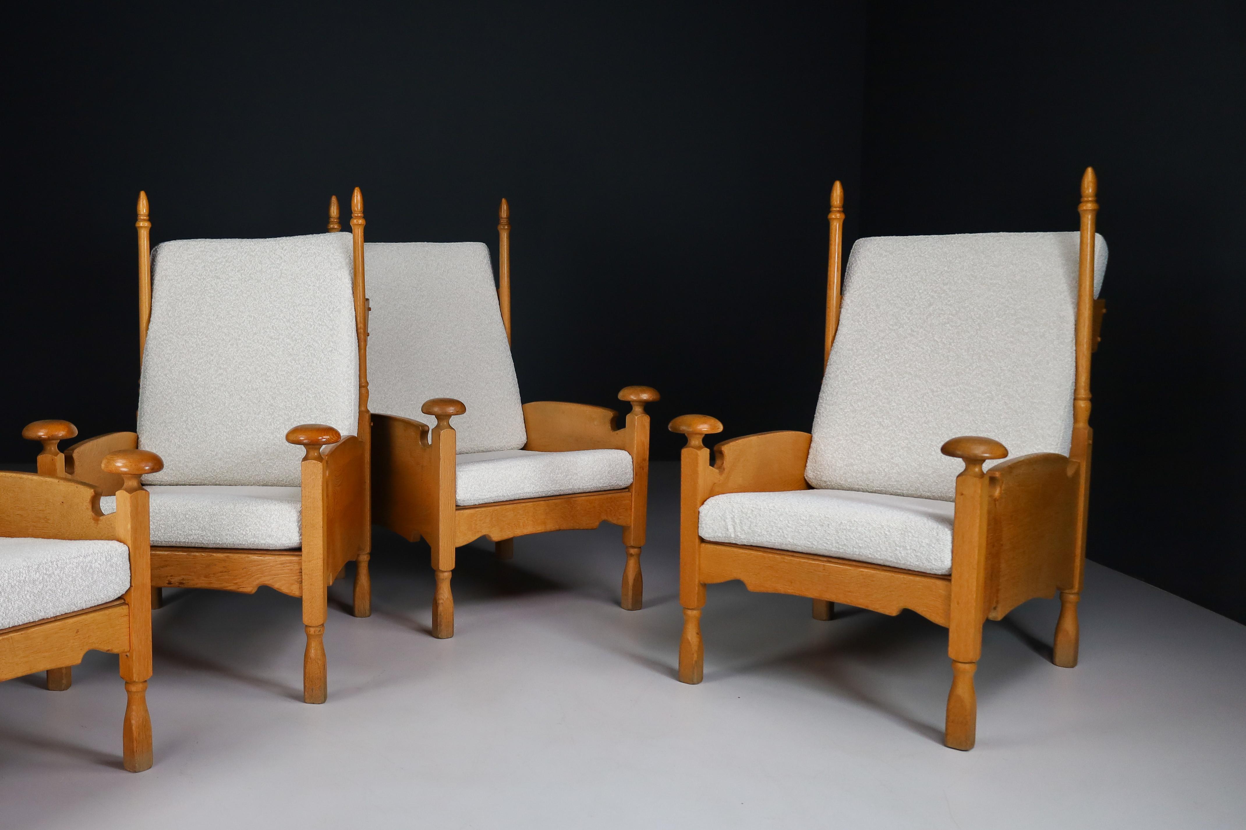 French Sculptural Highback Armchairs in Oak and Reupholstered in Boucle Fabric For Sale 2
