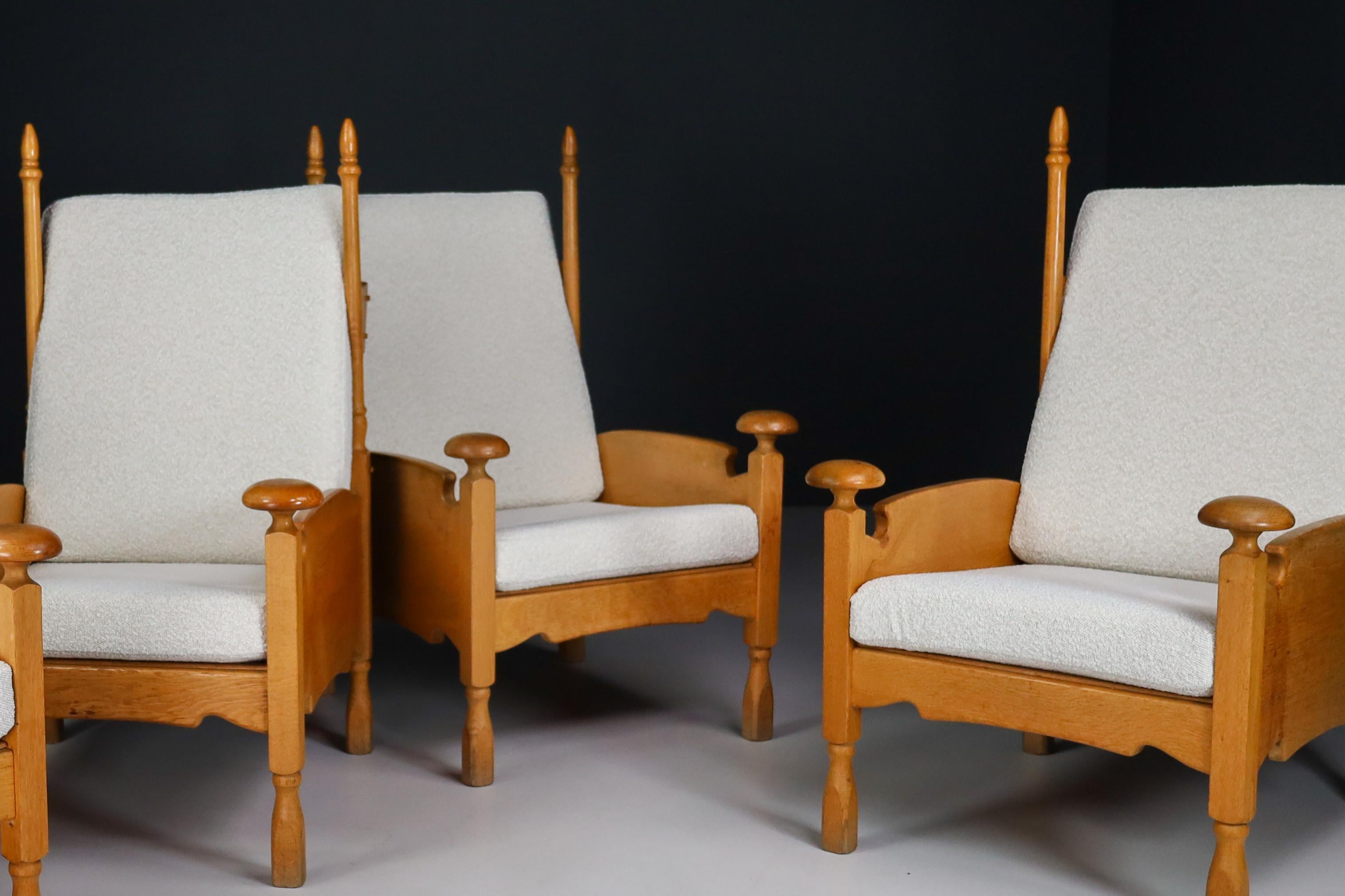 French Sculptural Highback Armchairs in Oak and Reupholstered in Boucle Fabric For Sale 3
