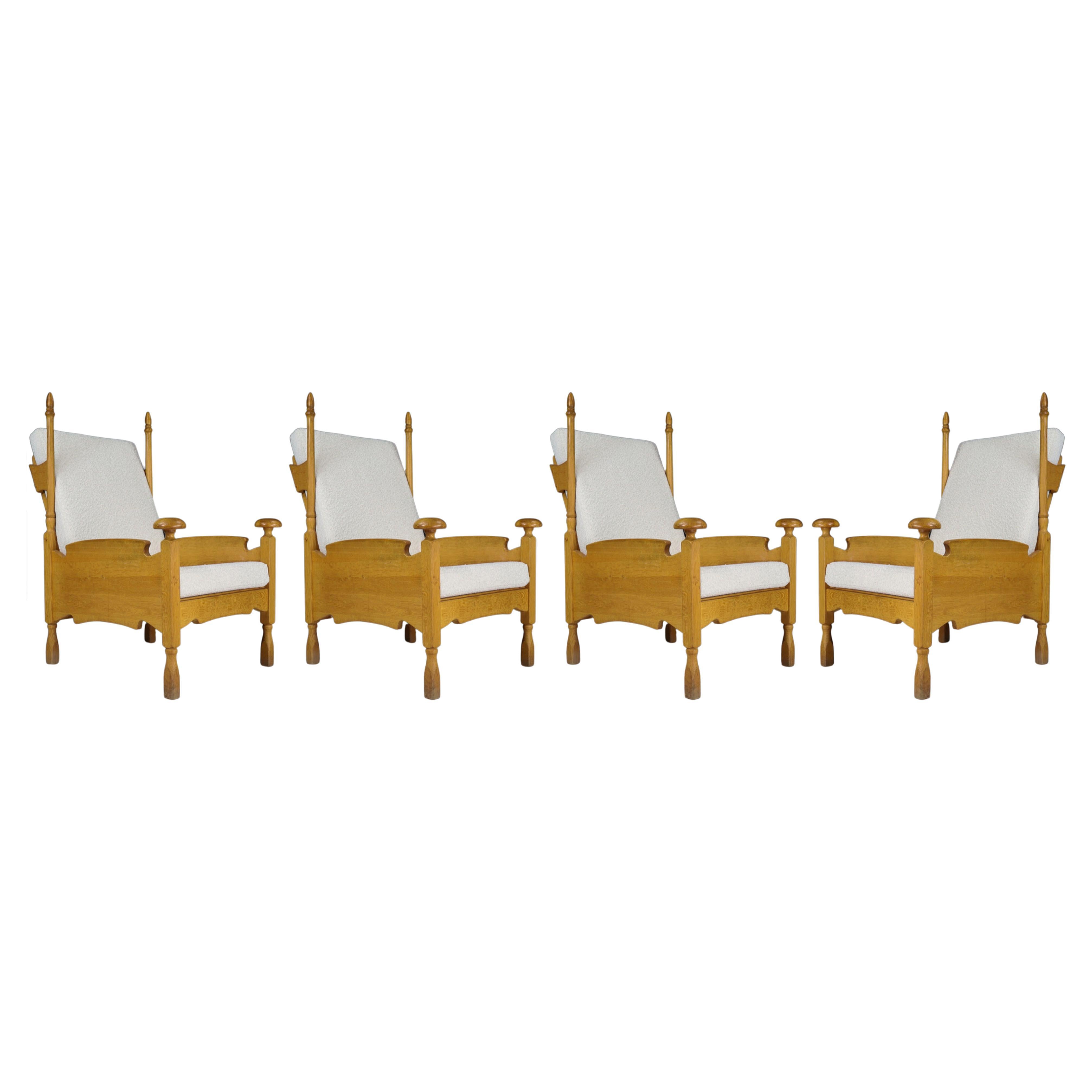 French Sculptural Highback Armchairs in Oak and Reupholstered in Boucle Fabric