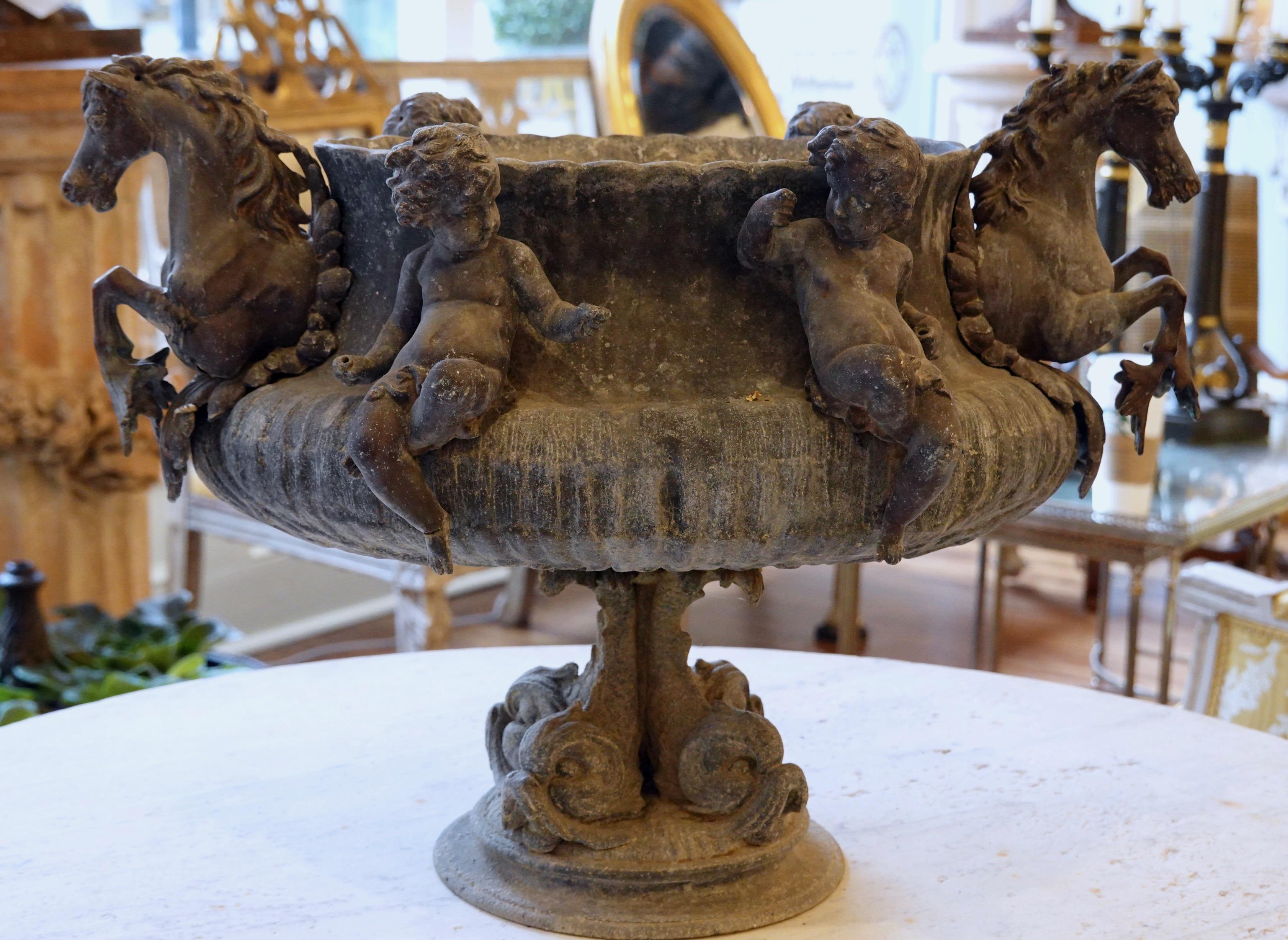 French Sculptural Jardinière with Putti, Mythical Sea Horses and Dolphins 1