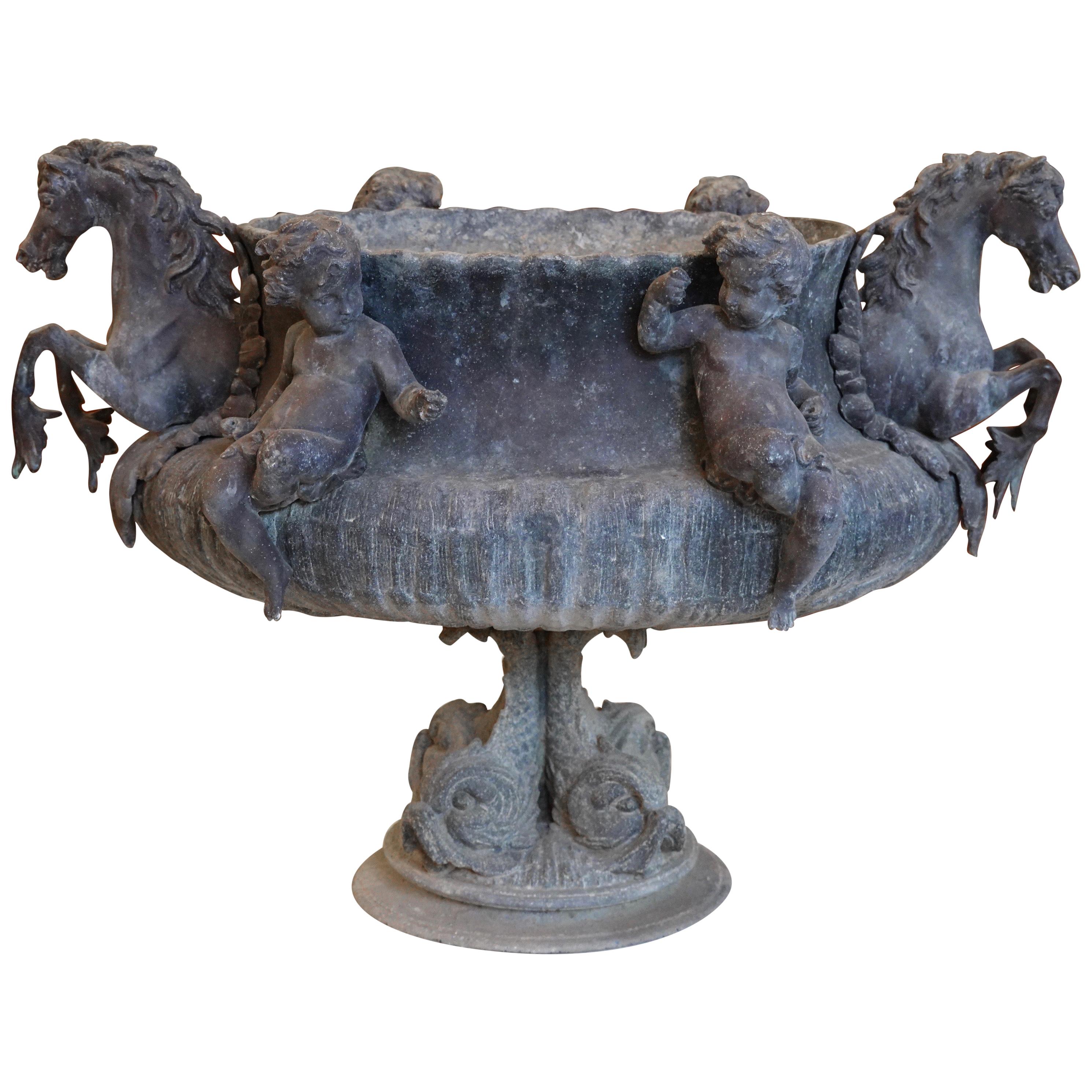 French Sculptural Jardinière with Putti, Mythical Sea Horses and Dolphins