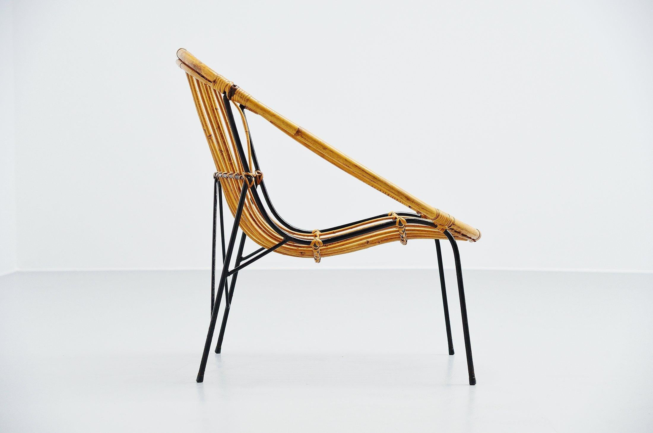 Cold-Painted French Sculptural Rattan Lounge Chair, France, 1950