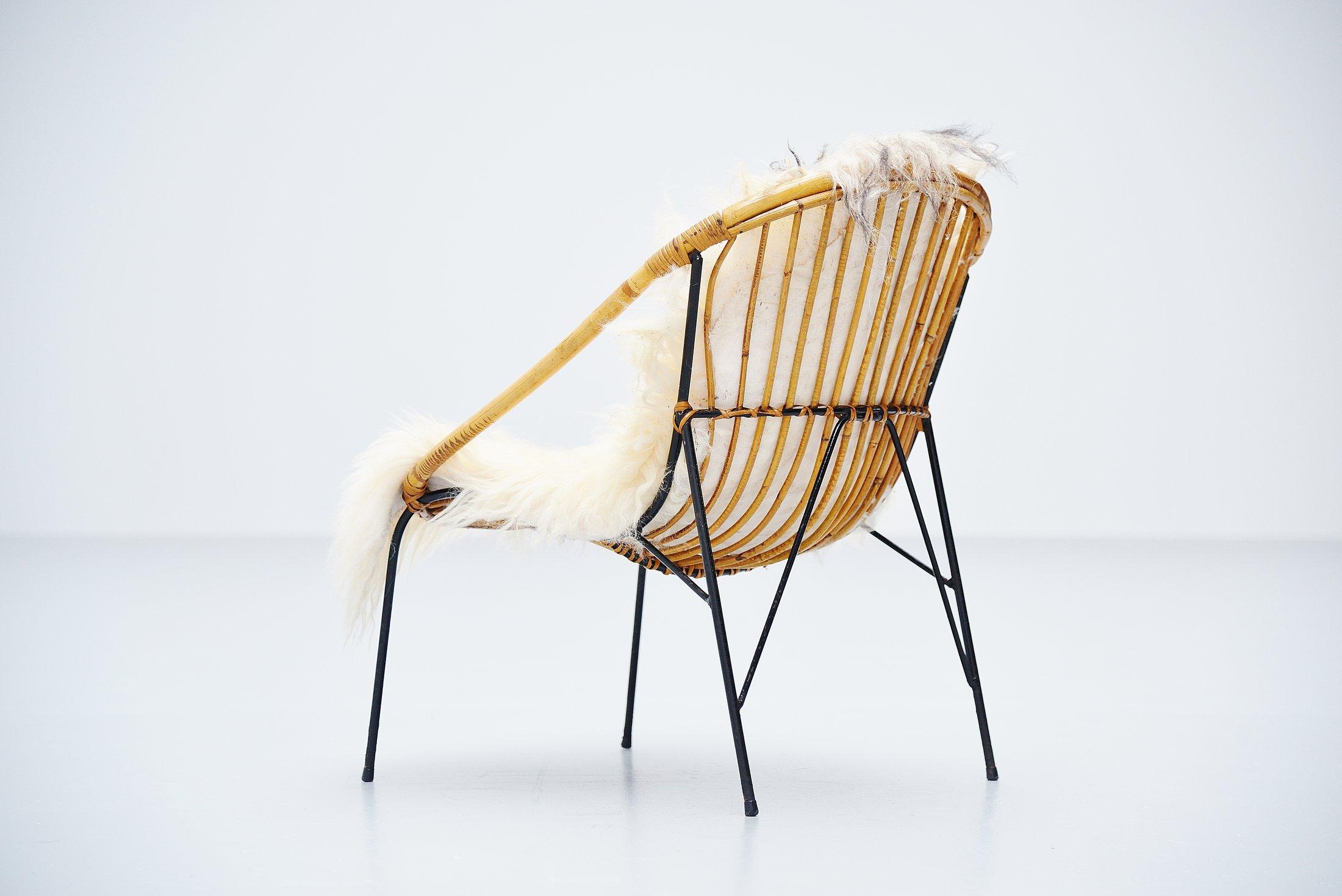 Metal French Sculptural Rattan Lounge Chair, France, 1950