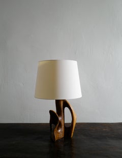 French Sculptural Wooden Desk Table Lamp in Elm in Style of Alexandre Noll 1950s