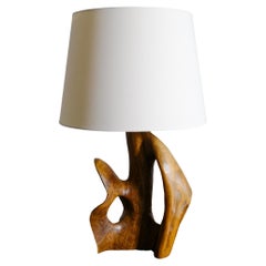 French Sculptural Wooden Desk Table Lamp in Elm in Style of Alexandre Noll 1950s