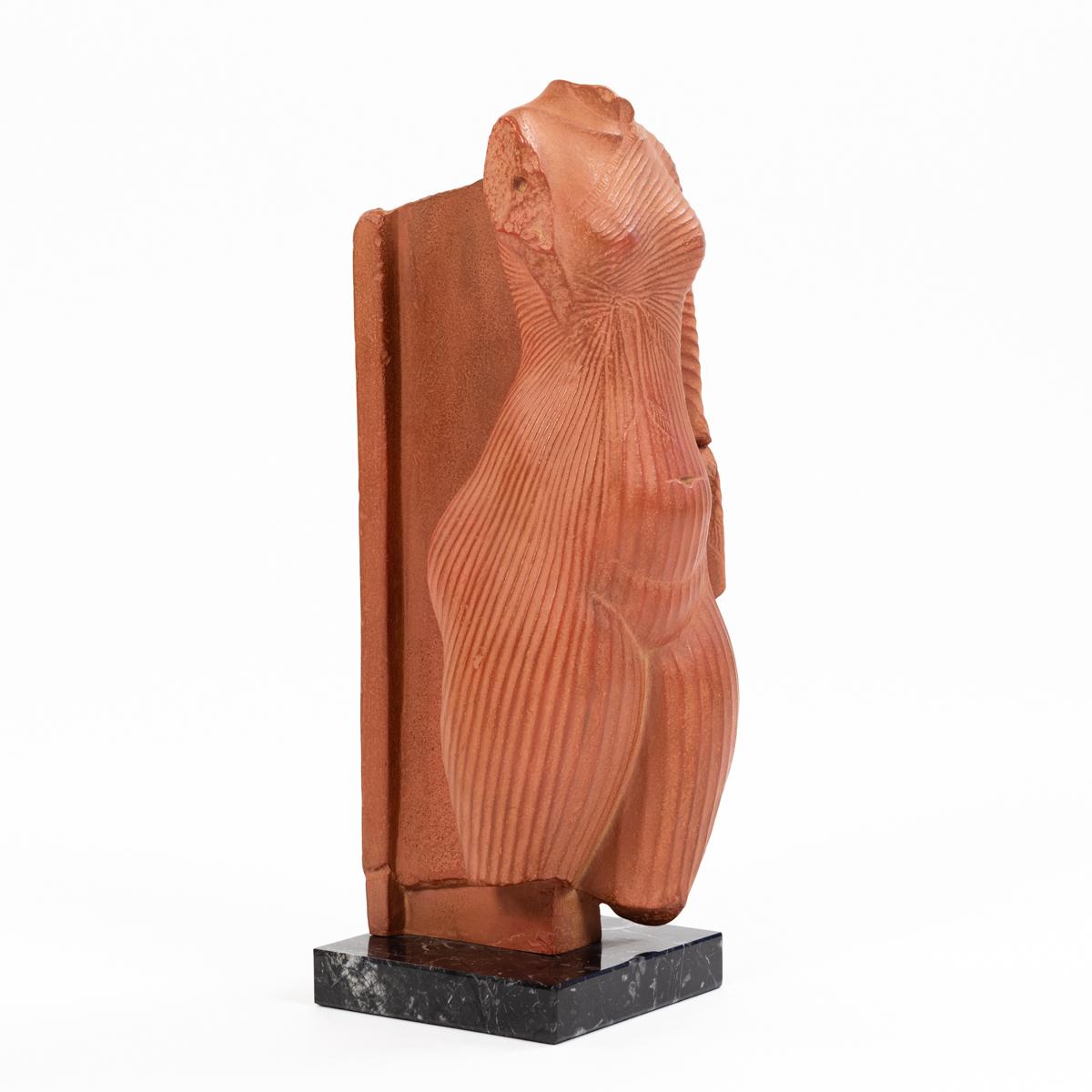 Classical Greek French Sculpture in Terracotta of an Antique Female Torso on Black Marble 1970s For Sale