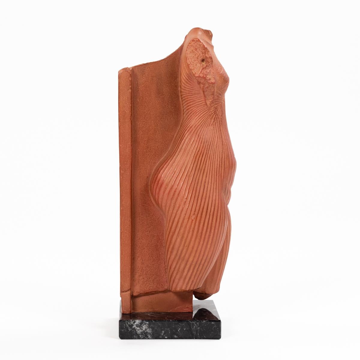 Cast French Sculpture in Terracotta of an Antique Female Torso on Black Marble 1970s For Sale