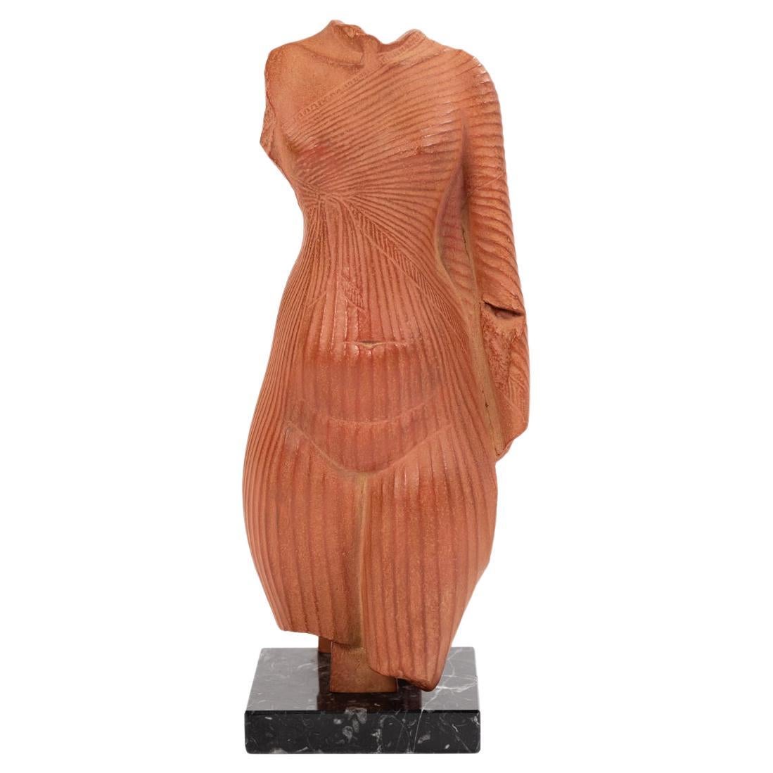 French Sculpture in Terracotta of an Antique Female Torso on Black Marble 1970s For Sale