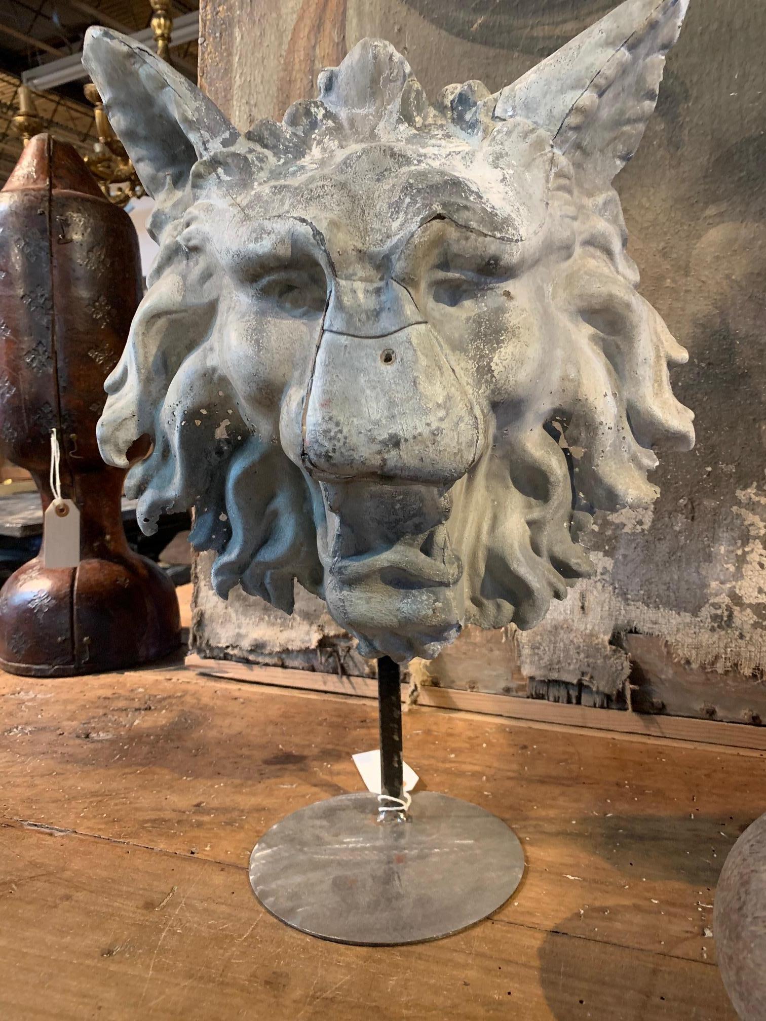 French Sculpture in Zinc of a Mythical Head of a Lion-Wolf In Good Condition In Atlanta, GA