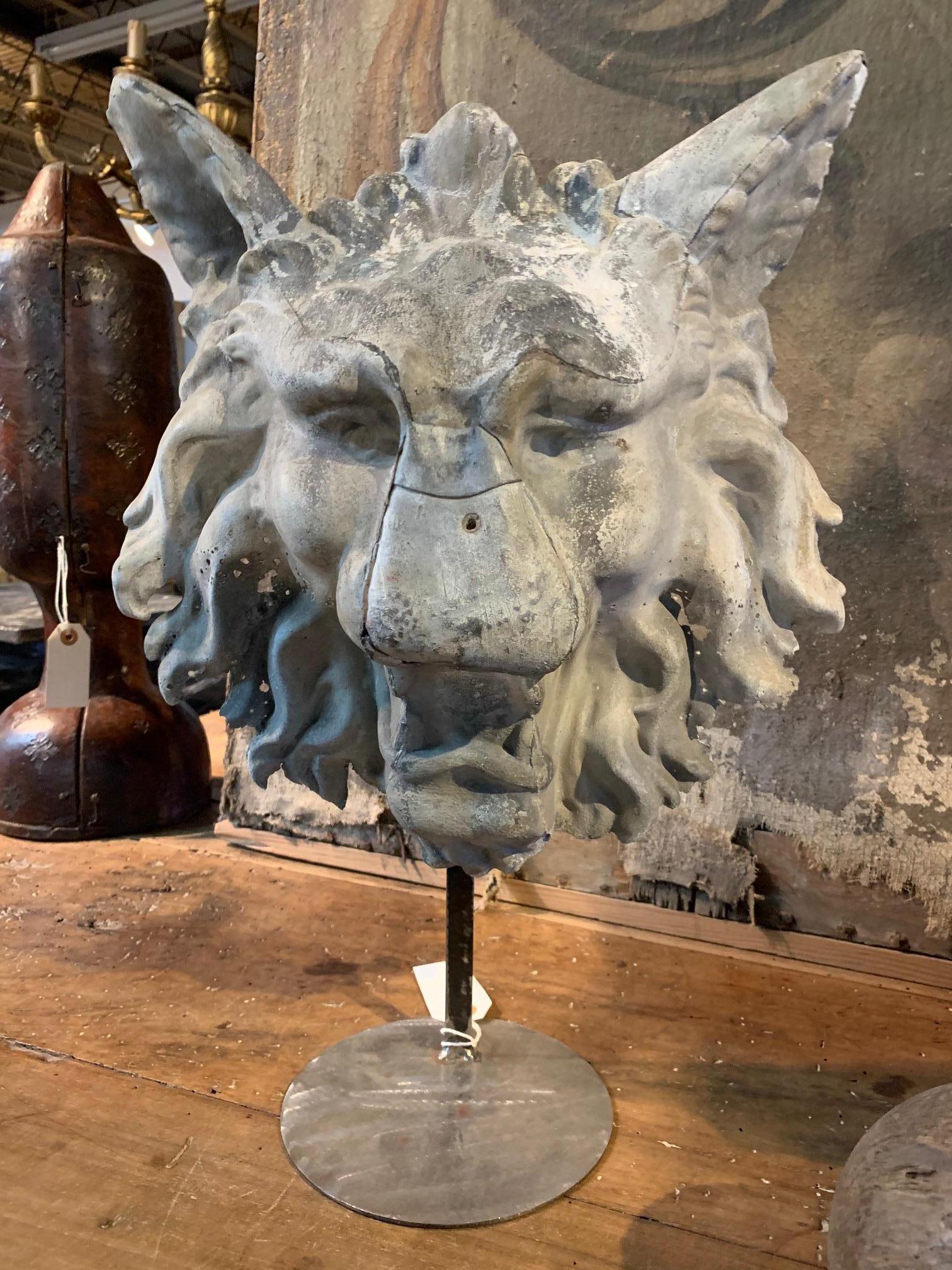 18th Century French Sculpture in Zinc of a Mythical Head of a Lion-Wolf