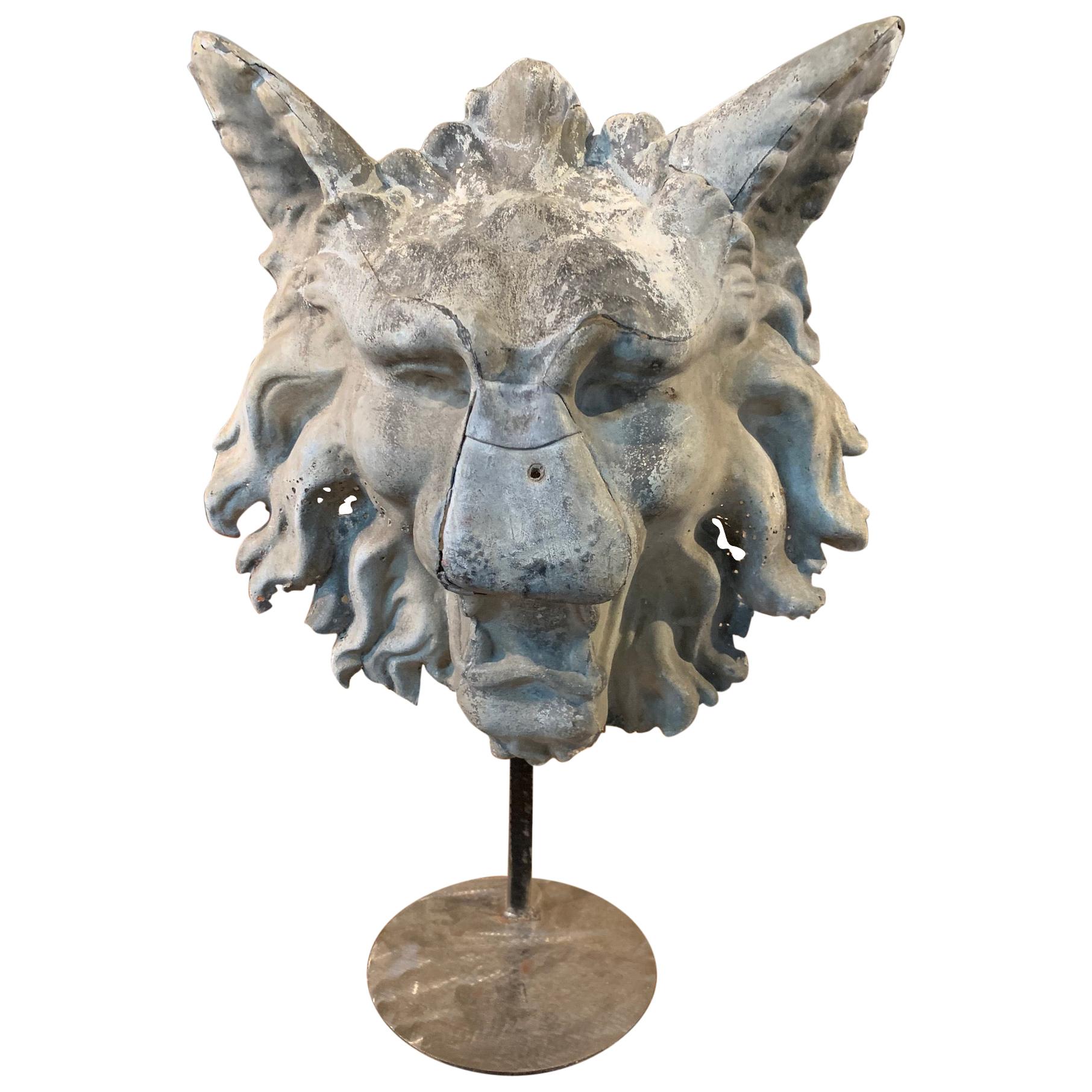 French Sculpture in Zinc of a Mythical Head of a Lion-Wolf