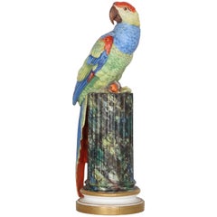 French Sculpture of a Parrot Perched on a Column in Bisque