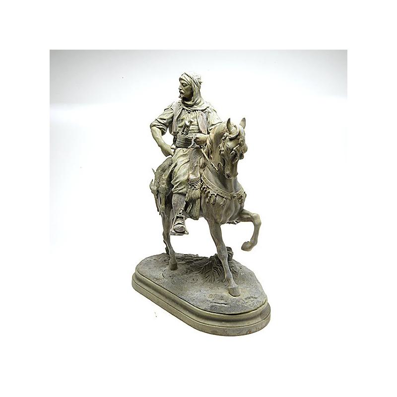 Fabulous and large French figural metal sculpture of an Arabian horse rider on an Arabian horse. Weathered bronze finish. After Antoine Louis Barye.
Antoine Louis Barye is a French sculptor (1795-1875).

The equestrian Arab rider sits in a