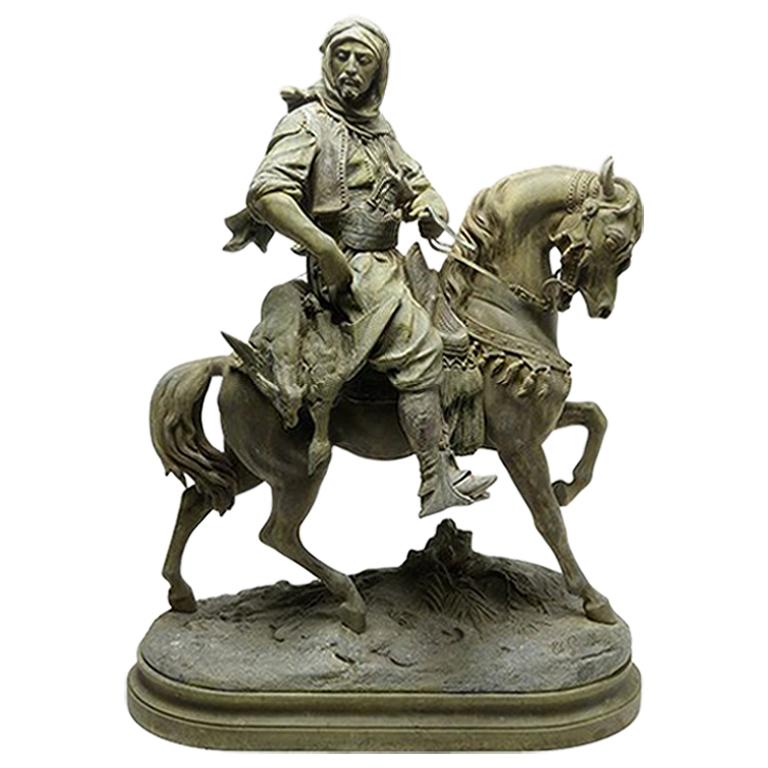 French Sculpture of an Arabian Horse Rider, Signed Barye
