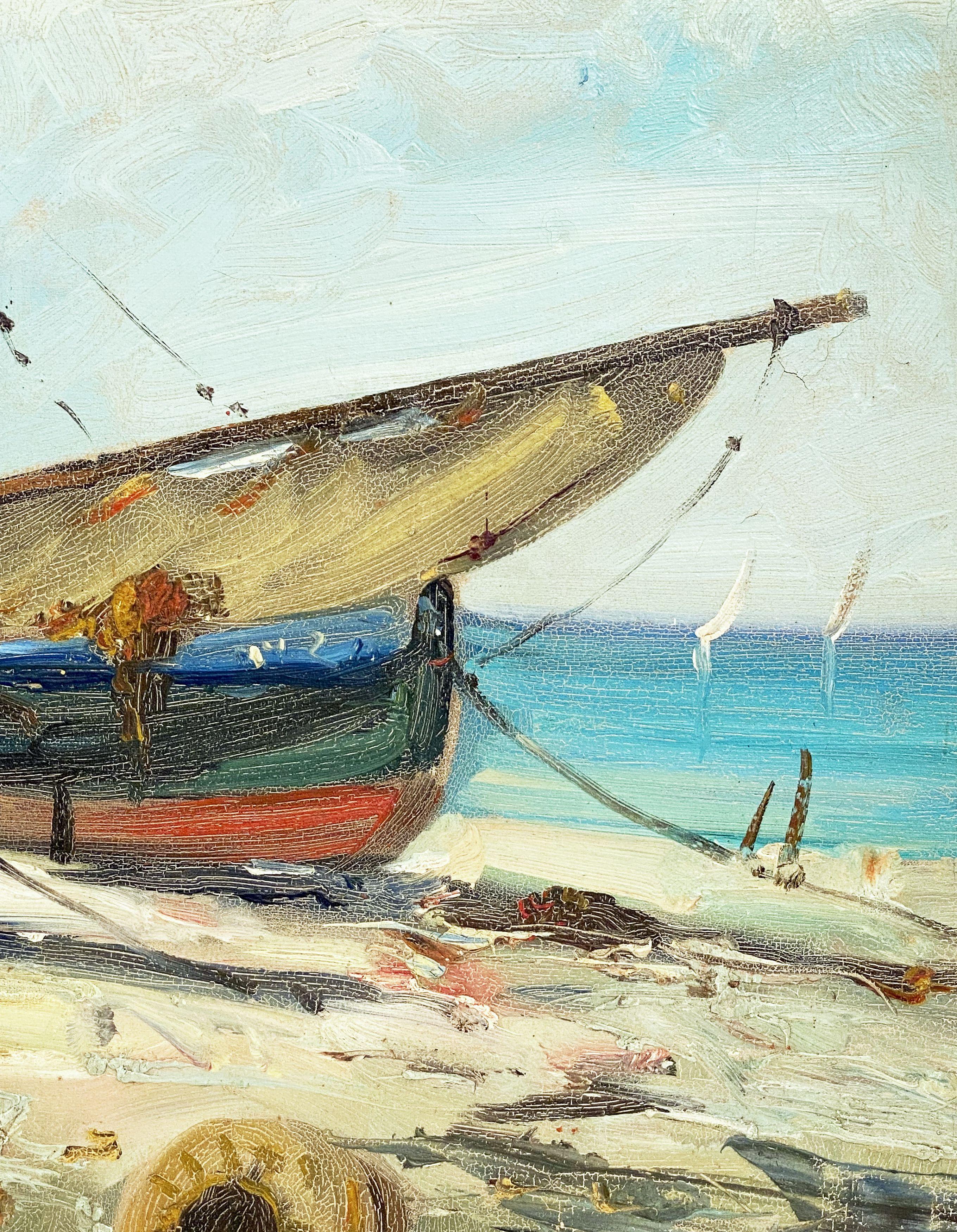 French Seaside Oil on Canvas Painting of Boats For Sale 6