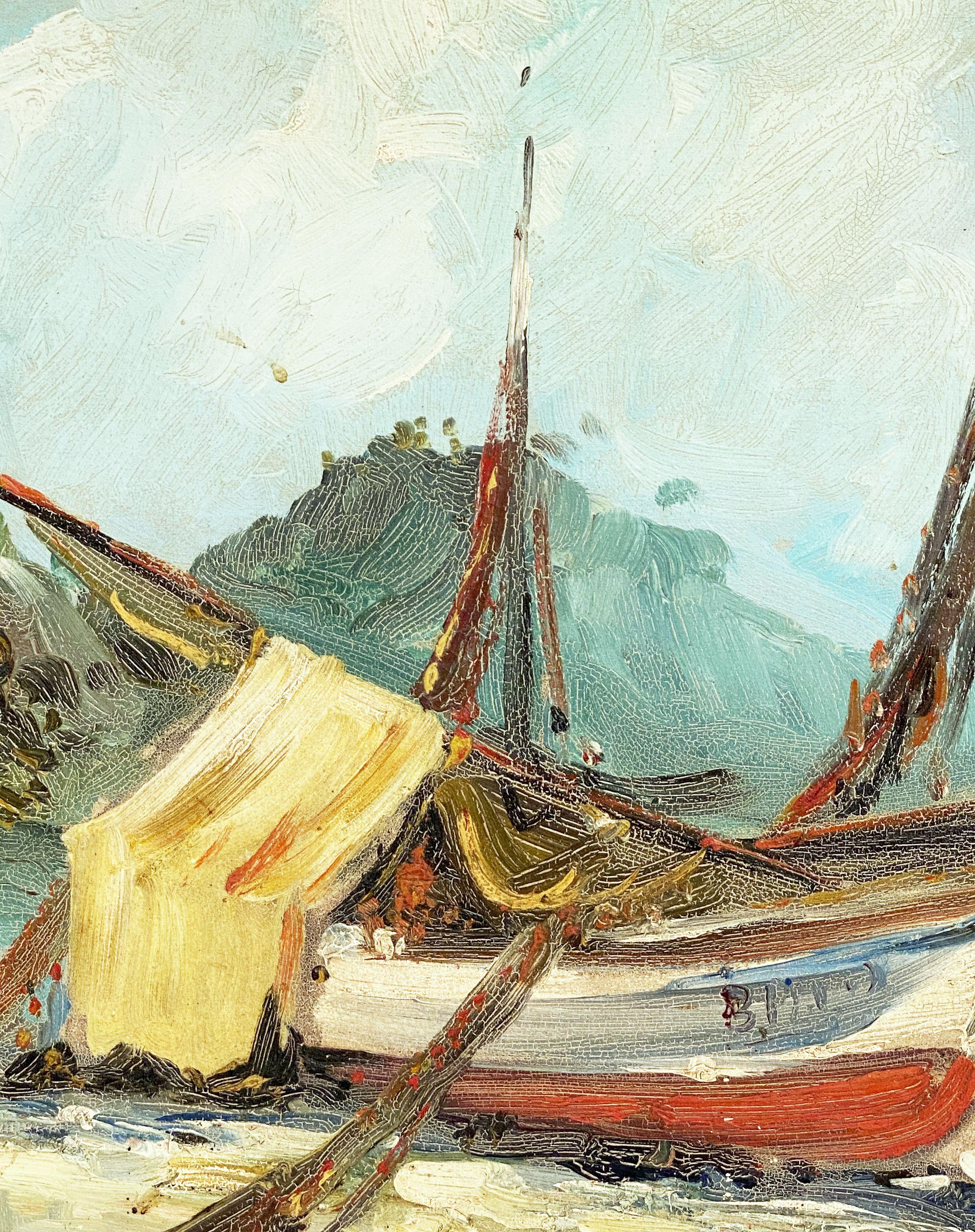 French Seaside Oil on Canvas Painting of Boats For Sale 7