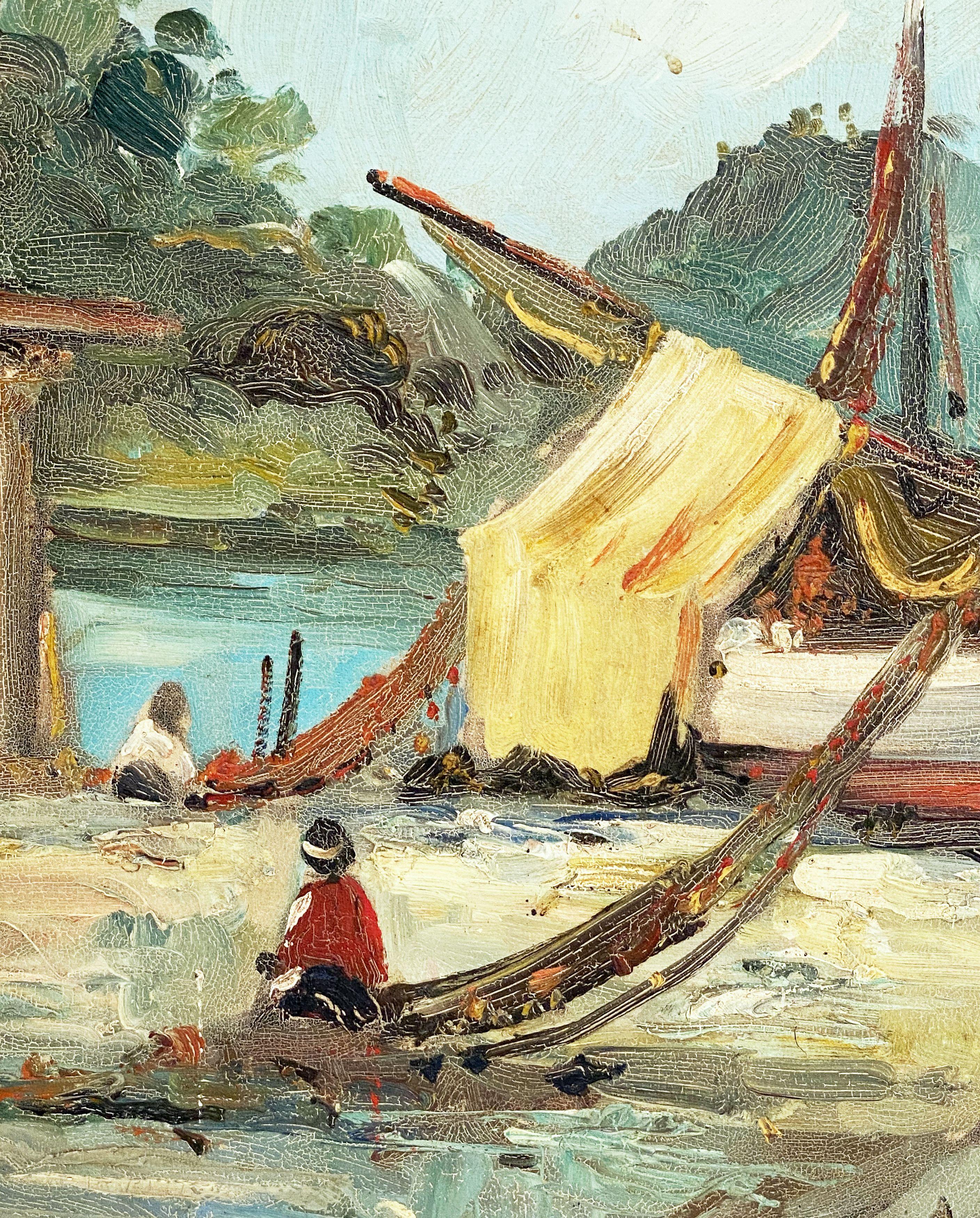 French Seaside Oil on Canvas Painting of Boats For Sale 8