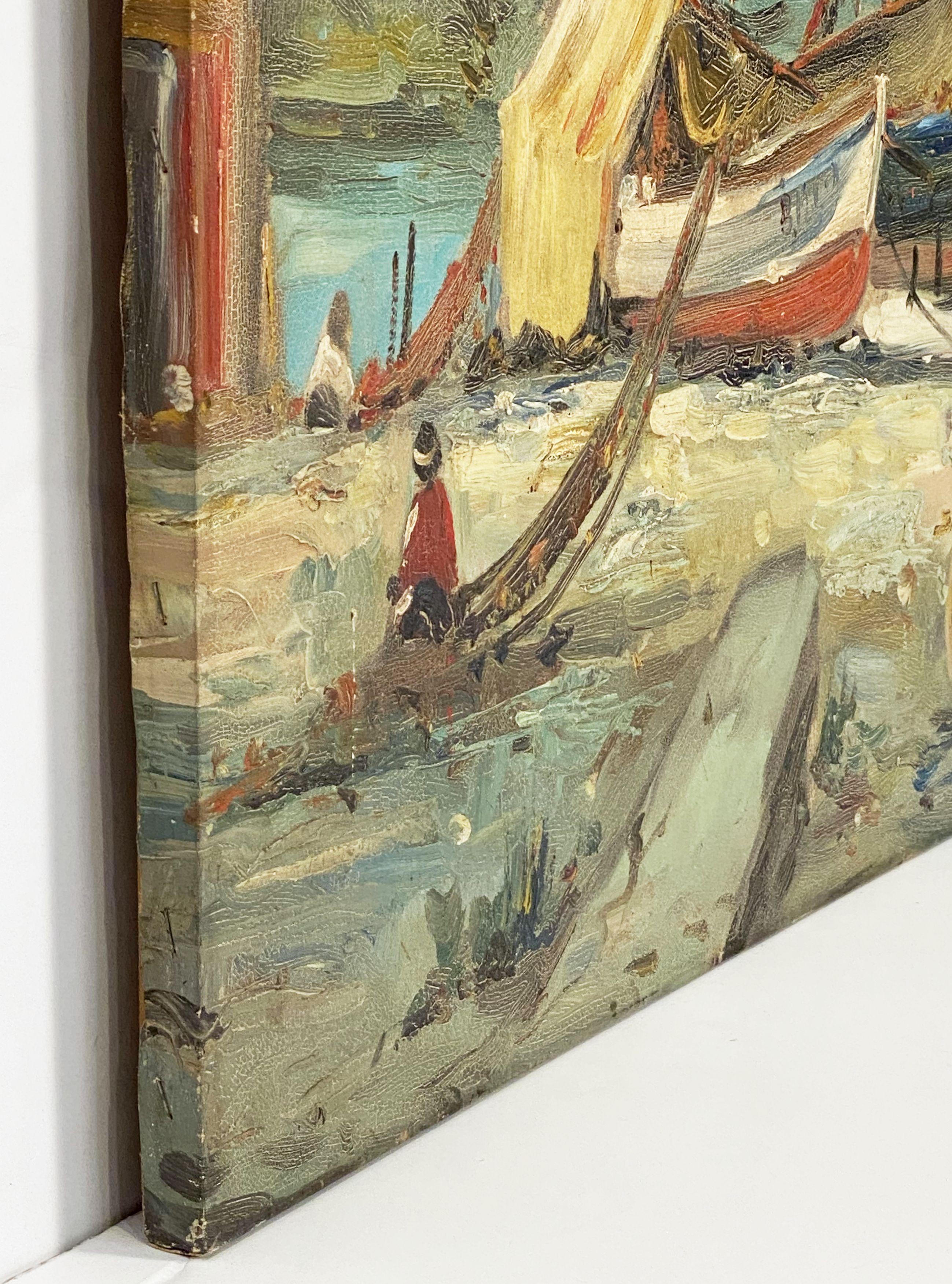 French Seaside Oil on Canvas Painting of Boats For Sale 10