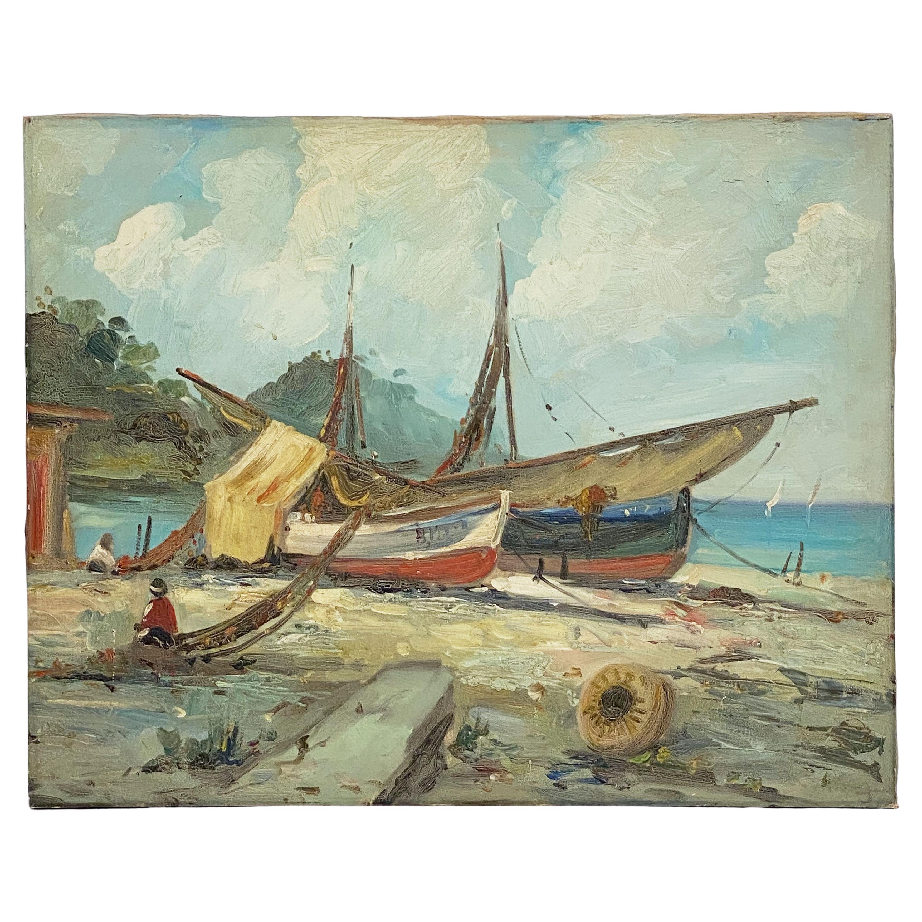 A fine vintage French oil painting on canvas of a seaside scene, featuring a view of boats on a beach.
 