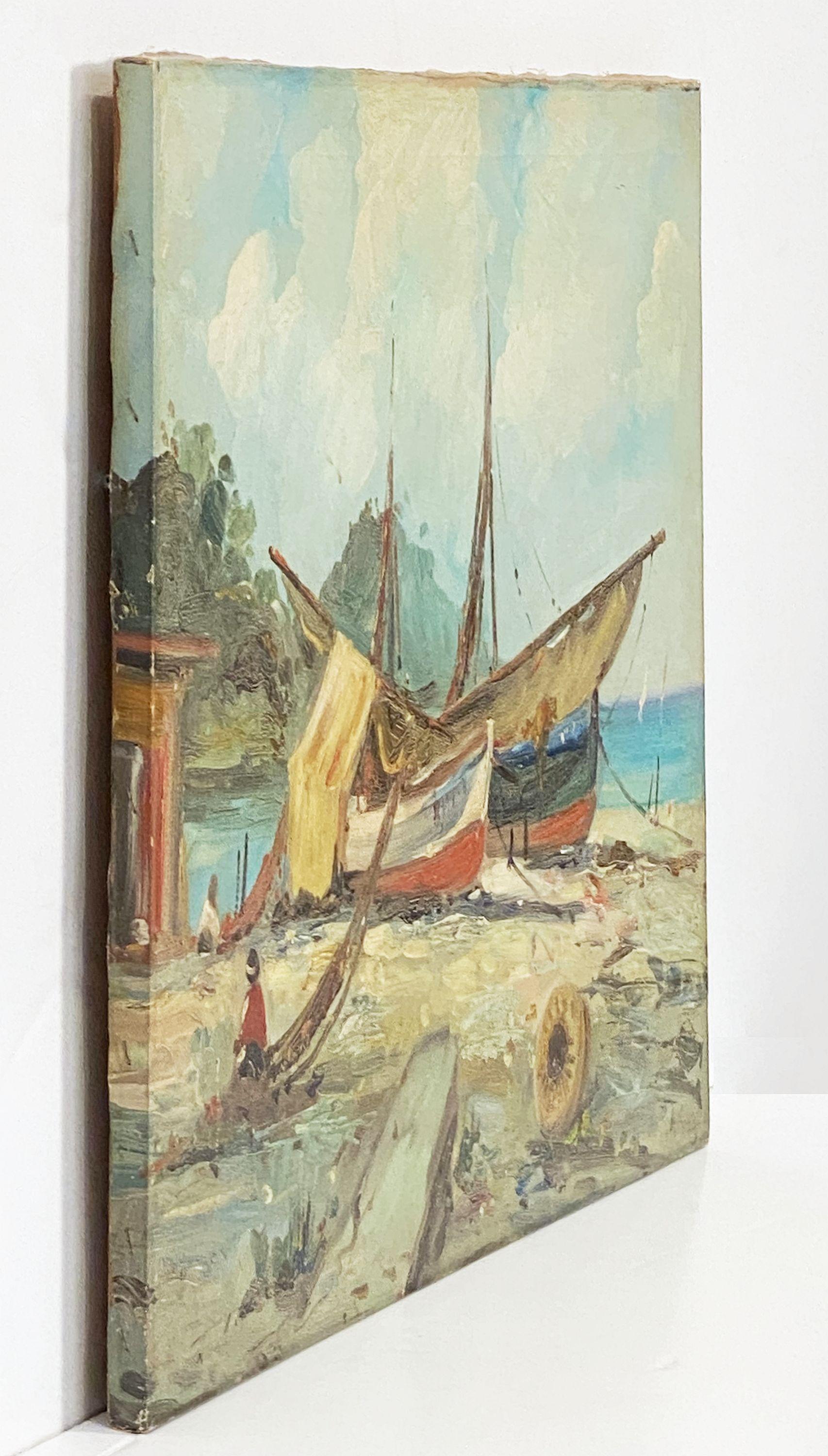 Français Peinture à l'huile sur toile de bateaux en bord de mer