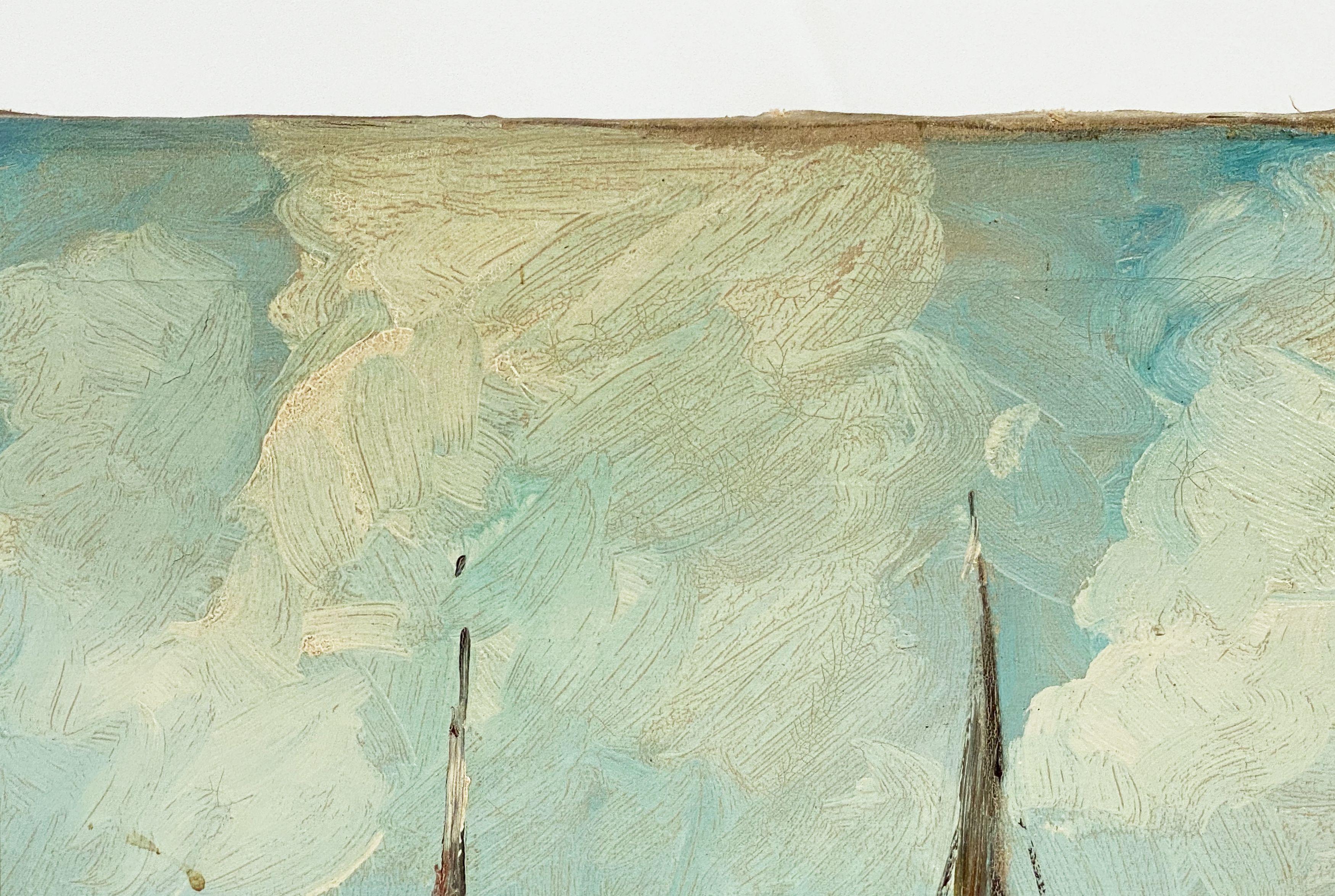 20ième siècle Peinture à l'huile sur toile de bateaux en bord de mer