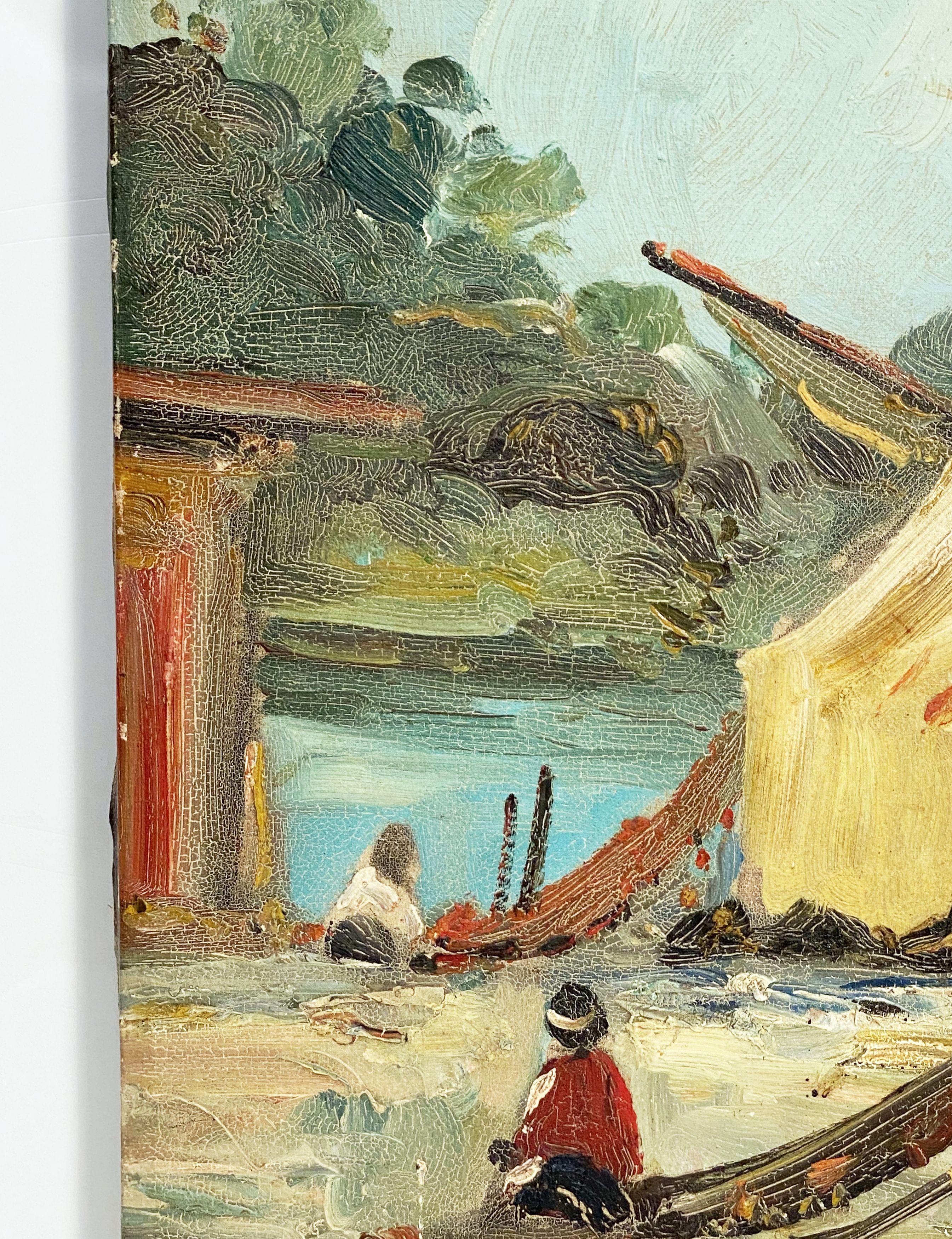 20th Century French Seaside Oil on Canvas Painting of Boats For Sale