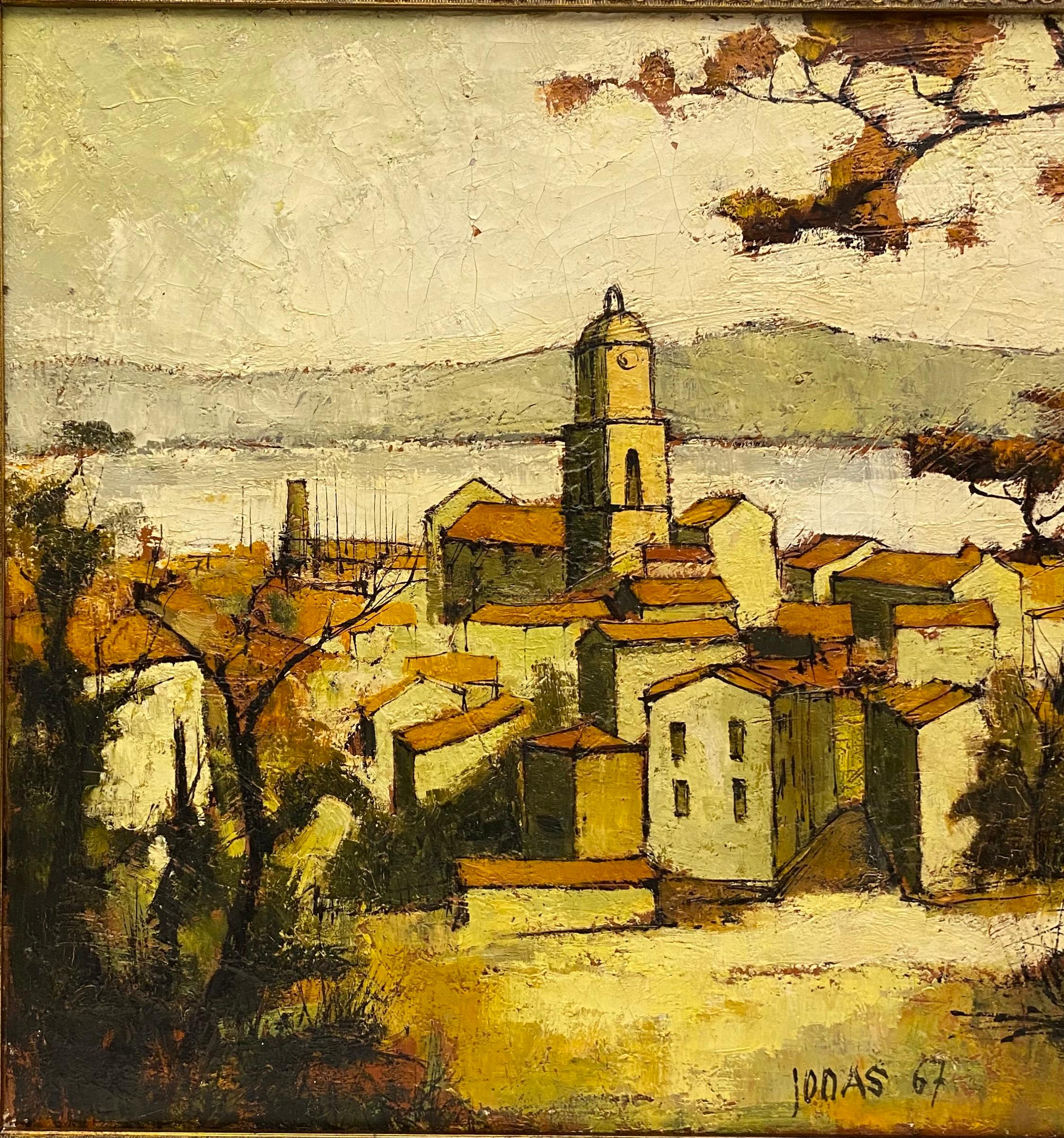 A beautifully executed vintage oil on canvas painting of a French seaside village housed in an intricately hand-carved antique gilt wood frame. 

Signed, Jodas and dated 1967.
Unknown artist. 

Measures: 47