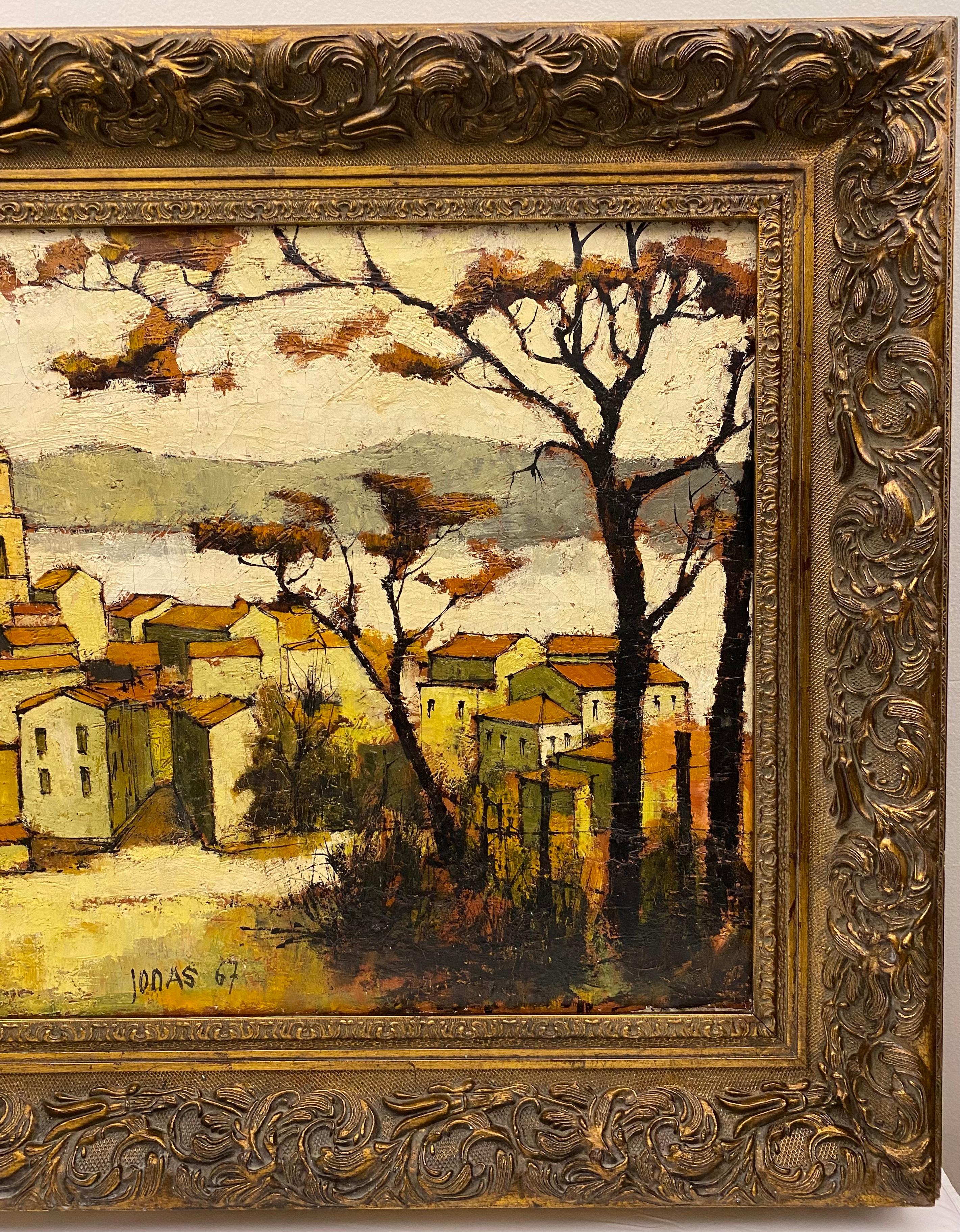 Mid-Century Modern French Seaside Village Oil on Canvas Painting in Gilt Wood Frame, Signed For Sale