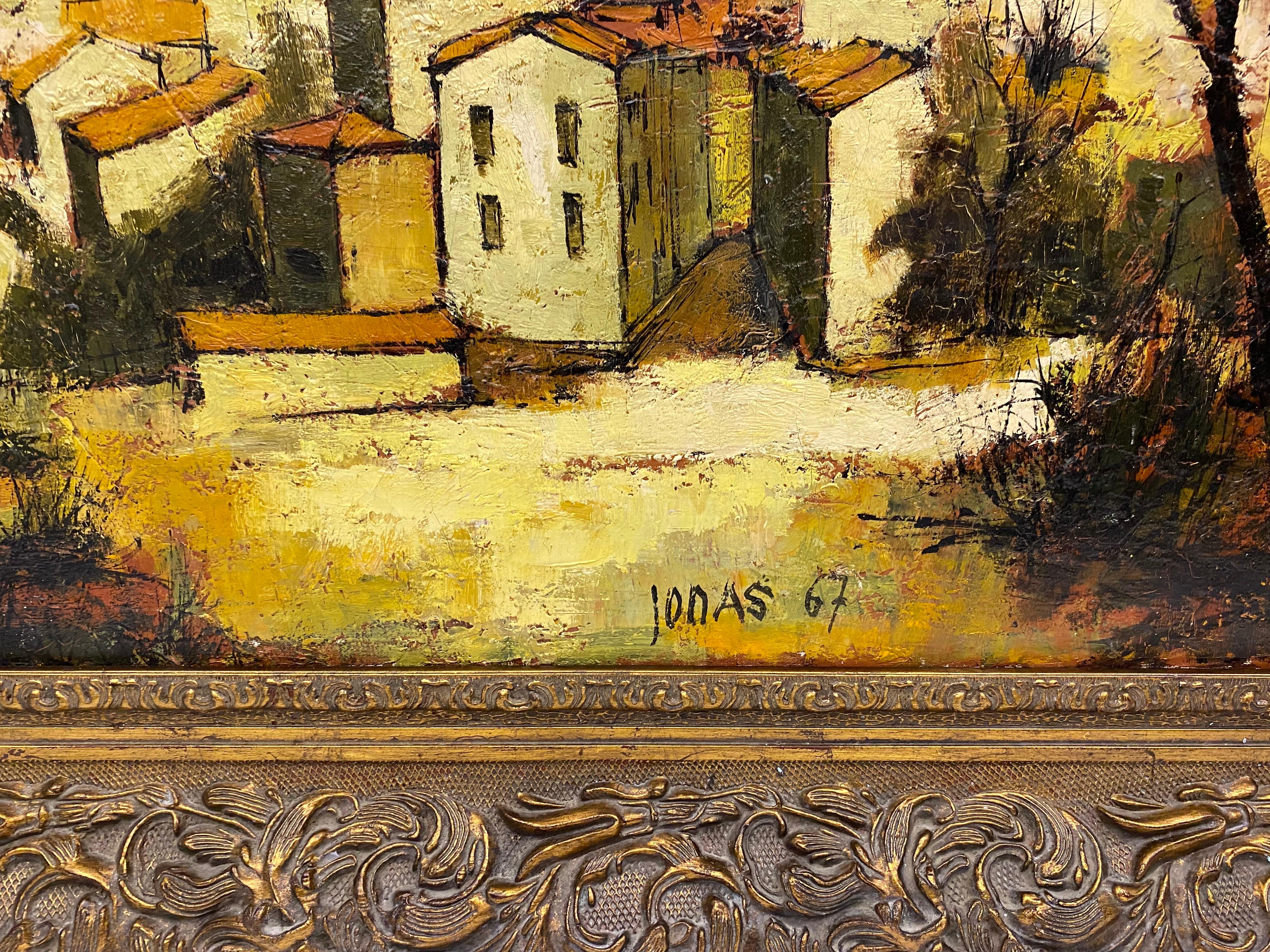 French Seaside Village Oil on Canvas Painting in Gilt Wood Frame, Signed In Good Condition For Sale In Miami, FL