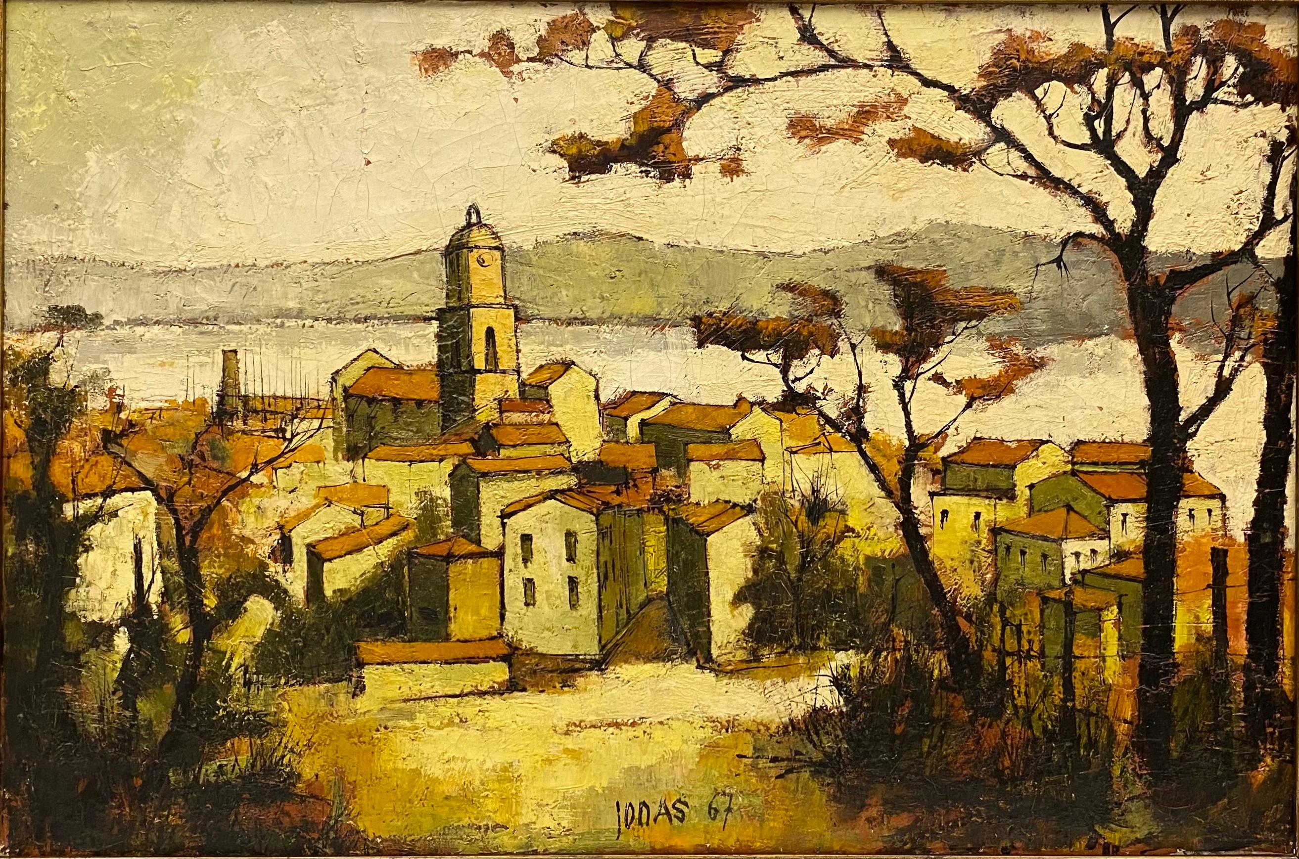 20th Century French Seaside Village Oil on Canvas Painting in Gilt Wood Frame, Signed For Sale