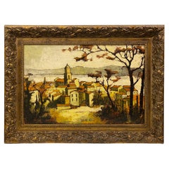 Vintage French Seaside Village Oil on Canvas Painting in Gilt Wood Frame, Signed