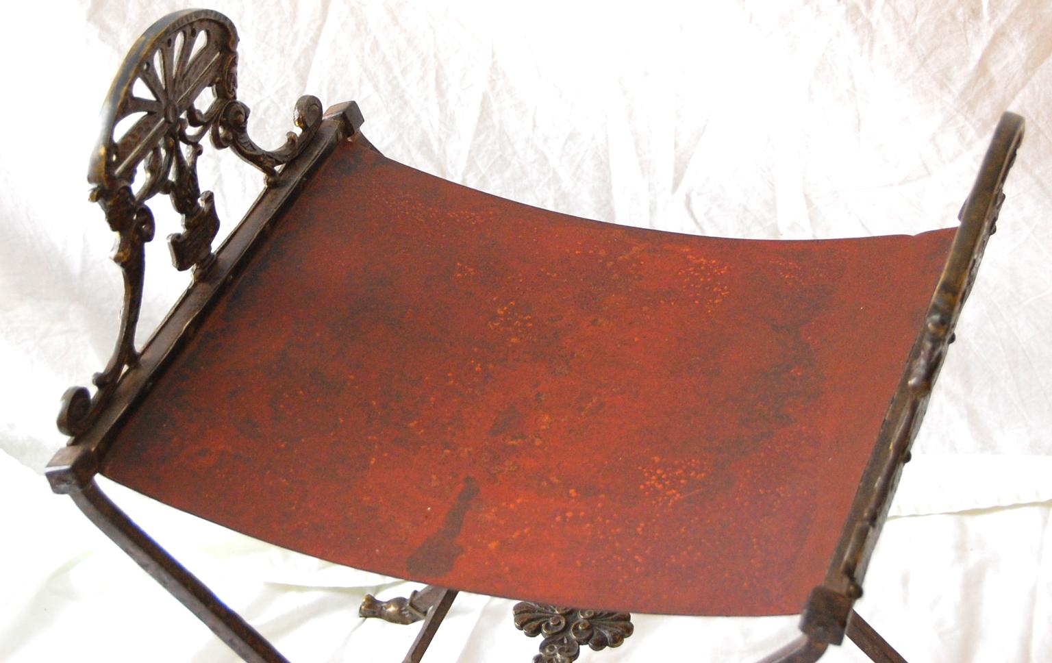 Empire Revival French Second Empire Period Cast Bronze X Frame Stool and Cast Iron Shaped Seat