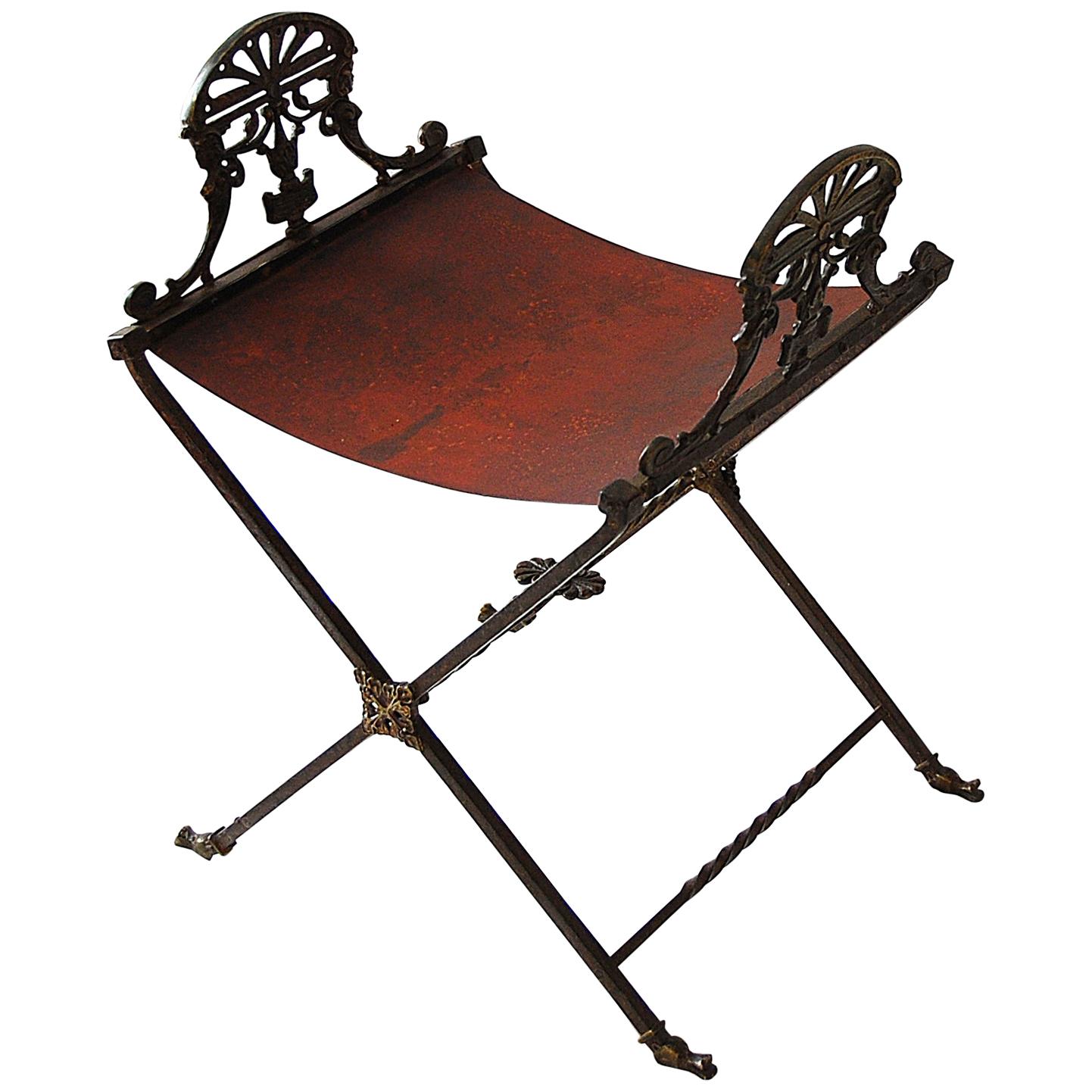 French Second Empire Period Cast Bronze X Frame Stool and Cast Iron Shaped Seat