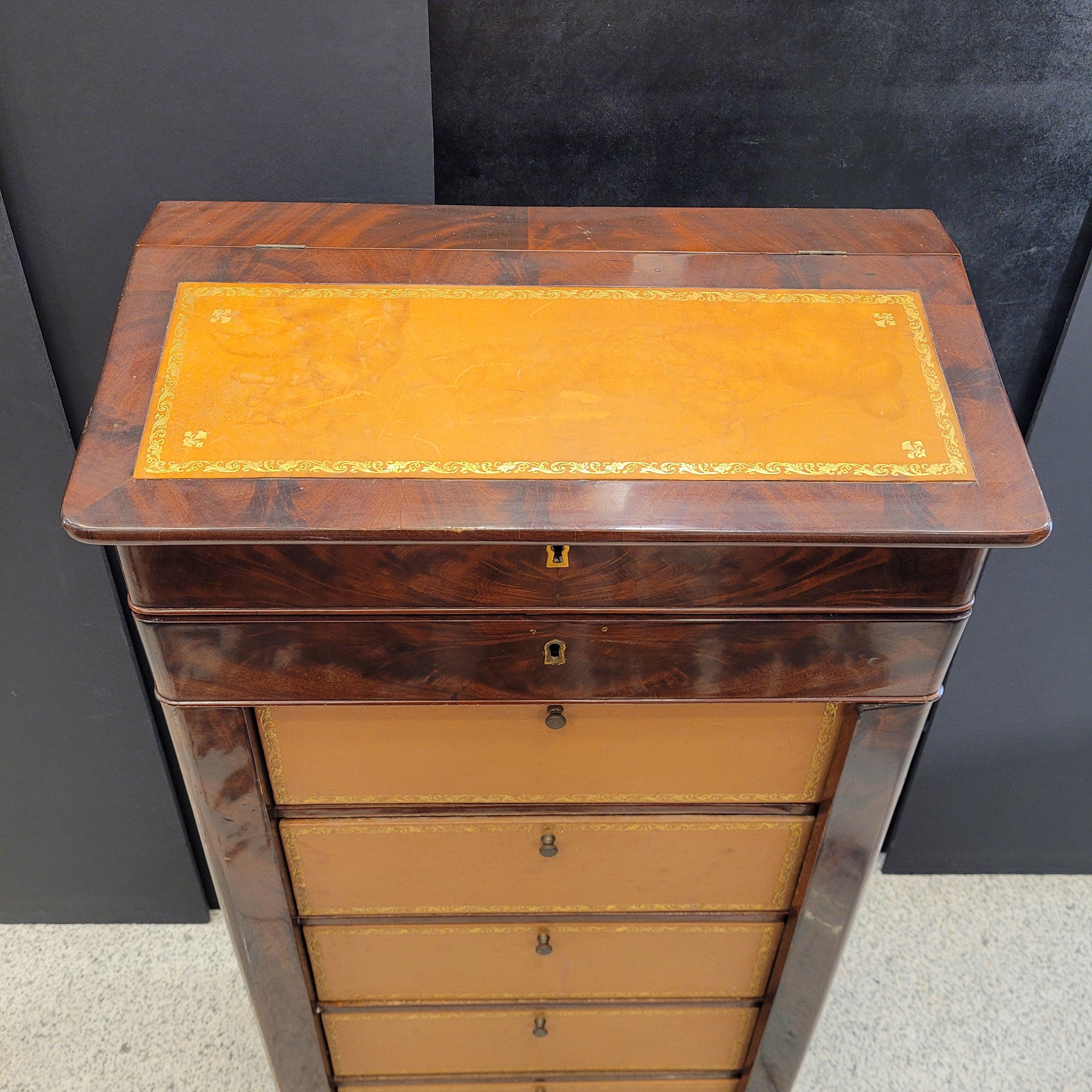 Hand-Crafted French Secretaire Cartonnier, Transition , wood leather For Sale