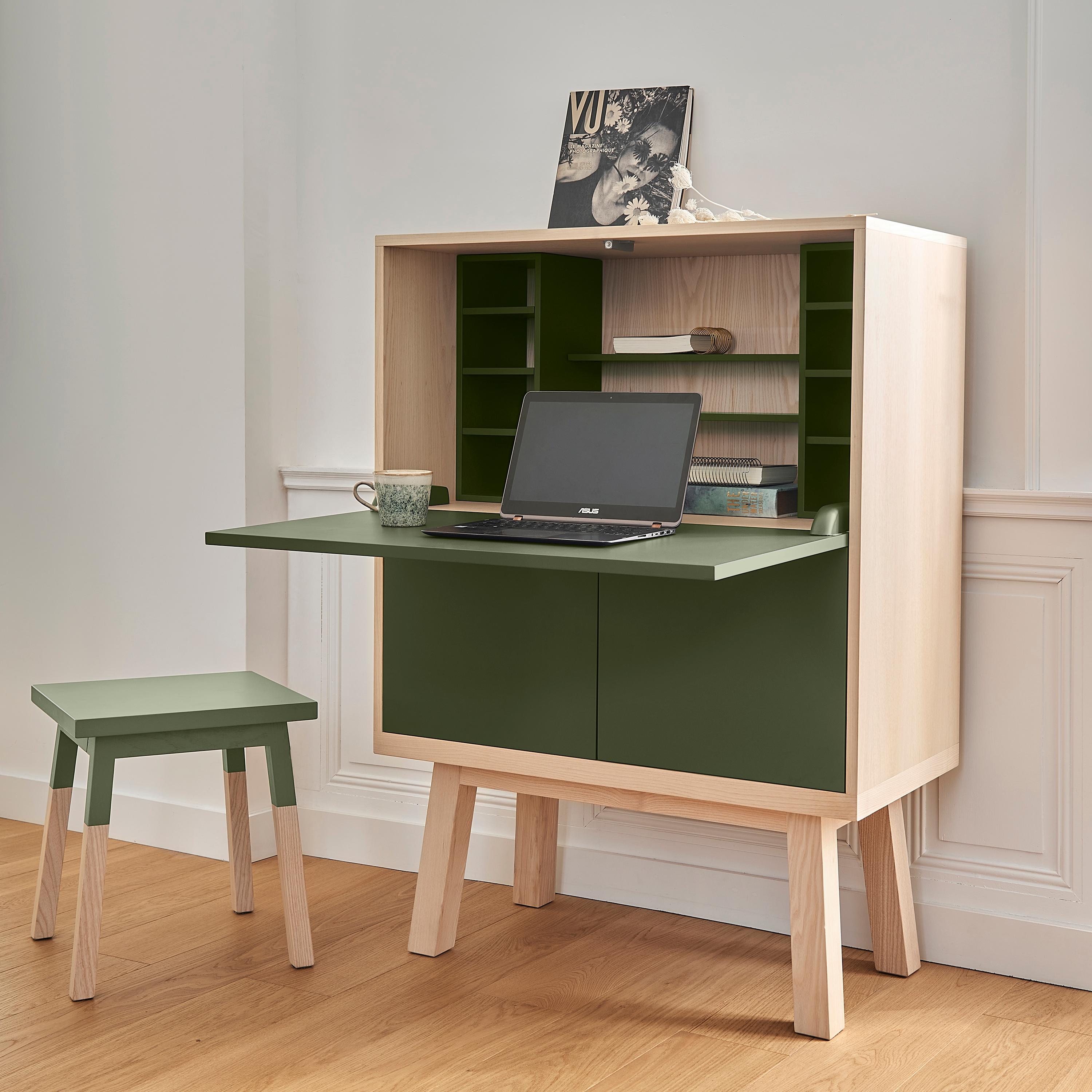 This Secretaire desk is designed by famous parisian Designer Eric Gizard and delivered fully mounted. 

The dimensions of the Box itself are width 90 cm / 35.4'' x height 90 cm / 35.4'' x depth 46 cm / 18;11''
Height of the feet is 35 cm /
