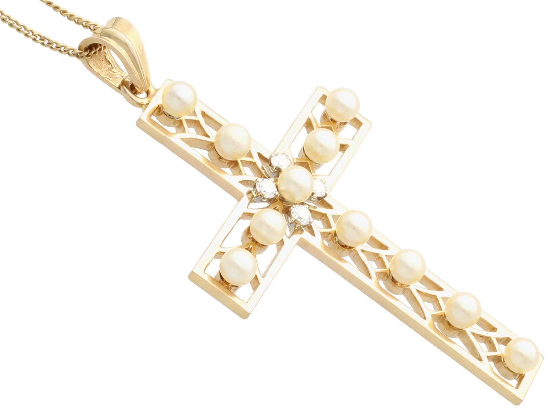 Antique French Seed Pearl and Diamond Yellow Gold Cross Pendant For Sale 1