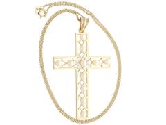 Antique French Seed Pearl and Diamond Yellow Gold Cross Pendant