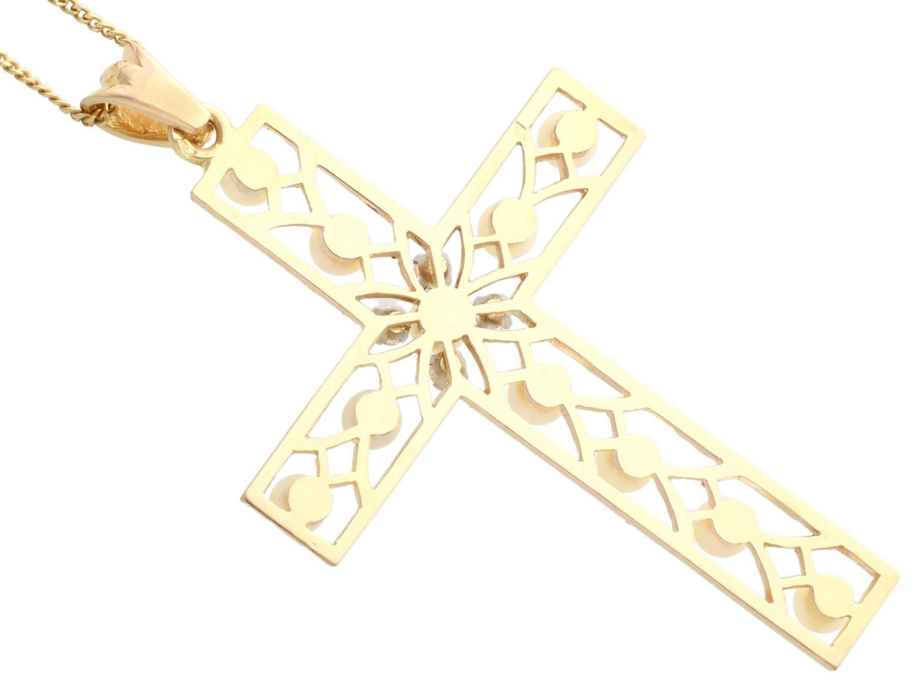 Women's or Men's Antique French Seed Pearl and Diamond Yellow Gold Cross Pendant For Sale