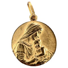 Vintage French Sellier Madonna and Child 18K Yellow Gold Charm Pendant 