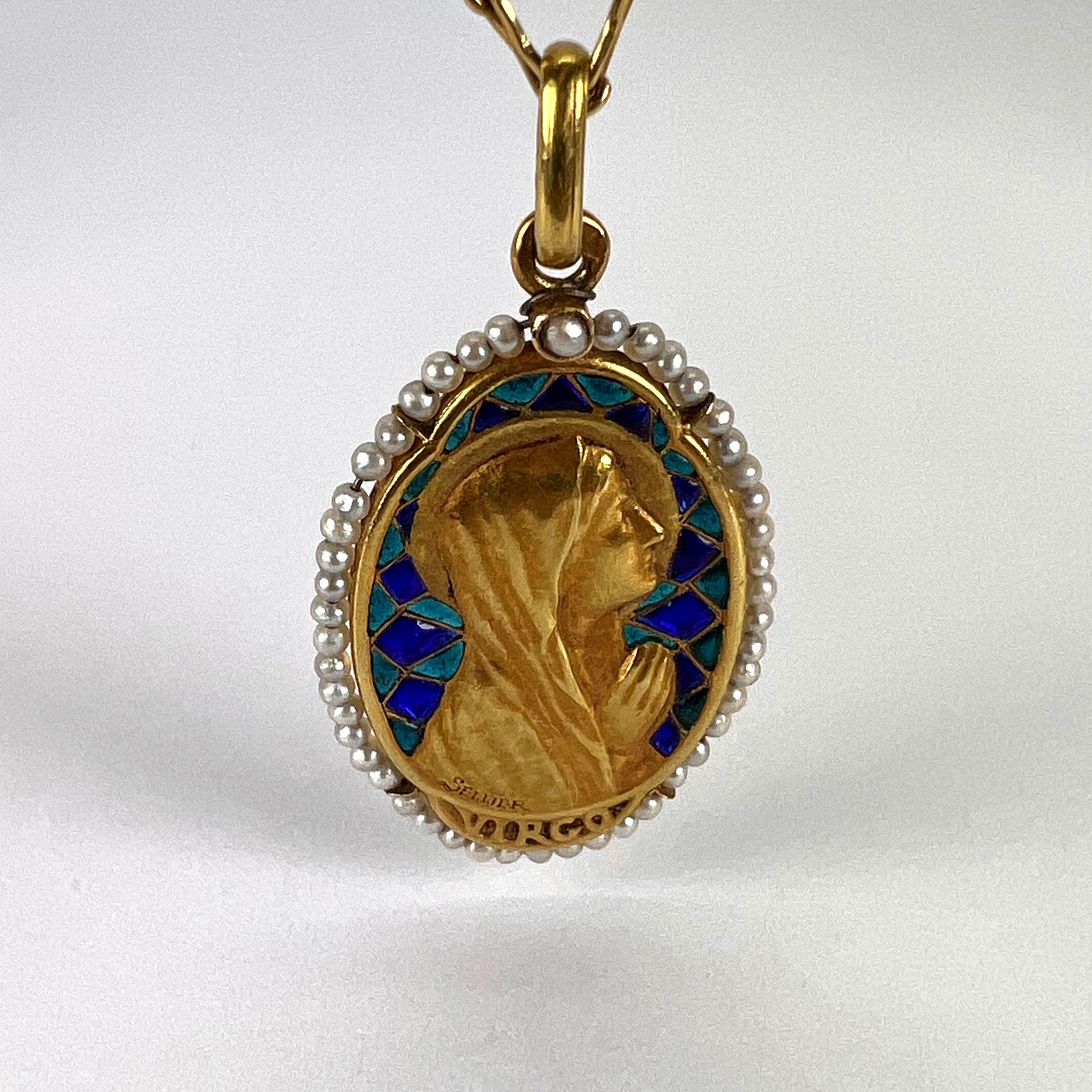 French Sellier Virgin Mary 18K Yellow Gold Enamel Pearl Pendant Necklace For Sale 2