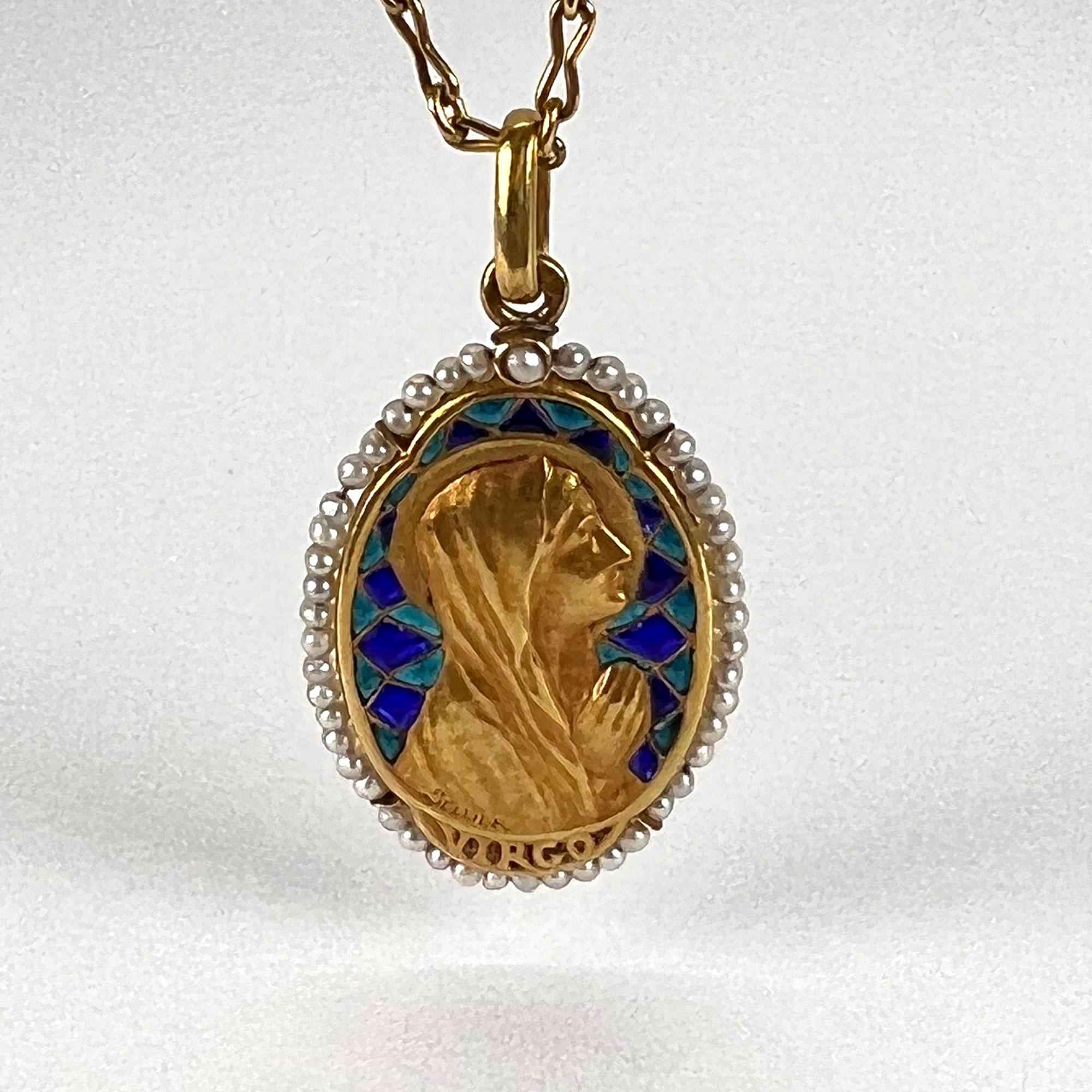 French Sellier Virgin Mary 18K Yellow Gold Enamel Pearl Pendant Necklace For Sale 3
