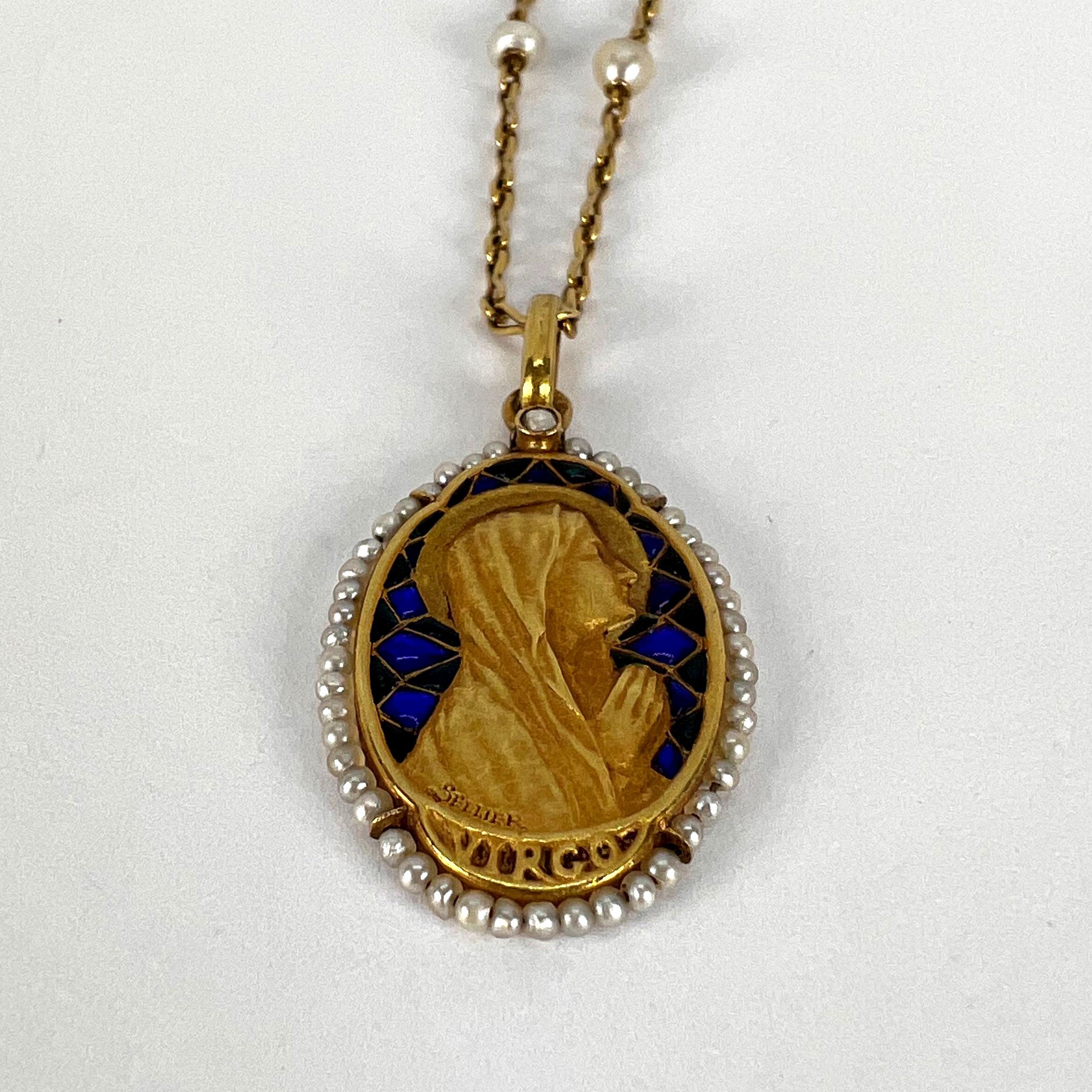 French Sellier Virgin Mary 18K Yellow Gold Enamel Pearl Pendant Necklace For Sale 5