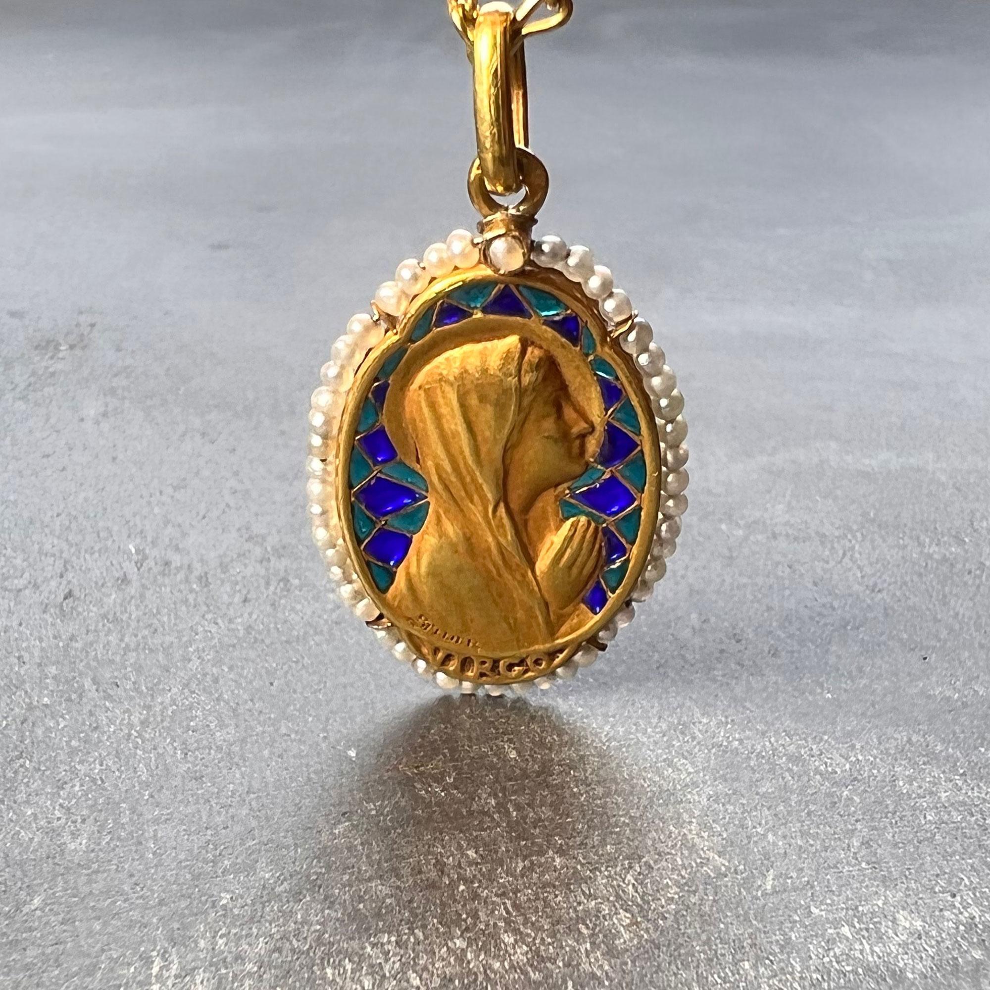 Uncut French Sellier Virgin Mary 18K Yellow Gold Enamel Pearl Pendant Necklace For Sale