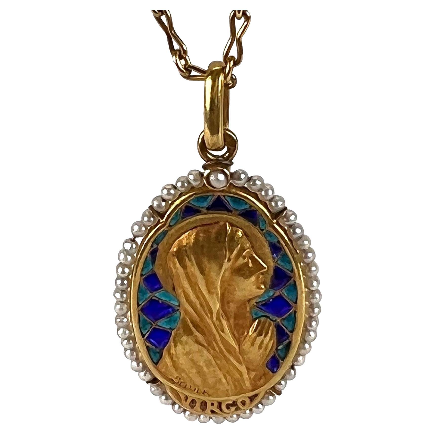 French Sellier Virgin Mary 18K Yellow Gold Enamel Pearl Pendant Necklace For Sale