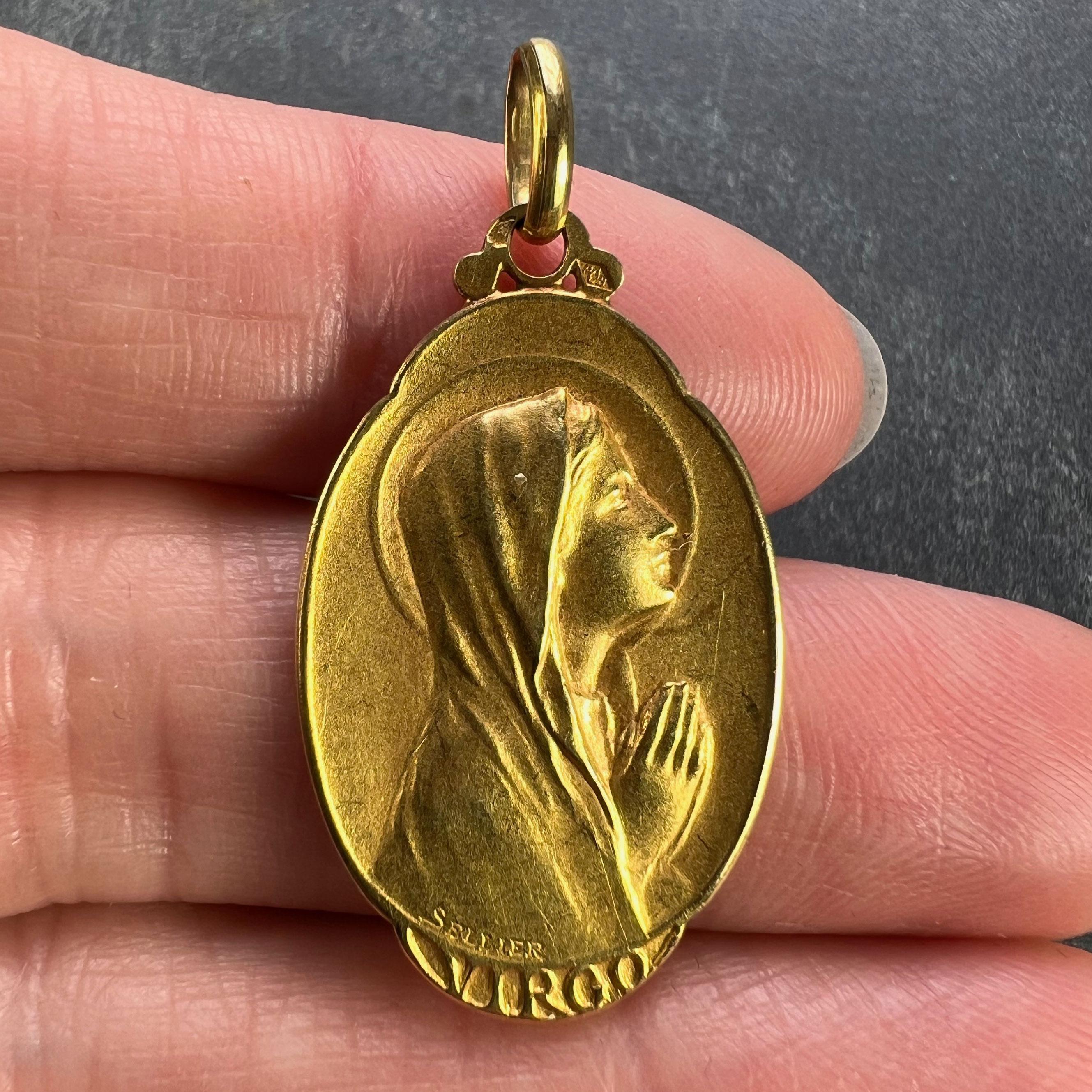 French Sellier Virgin Mary 18K Yellow Gold Medal Charm Pendant For Sale 1