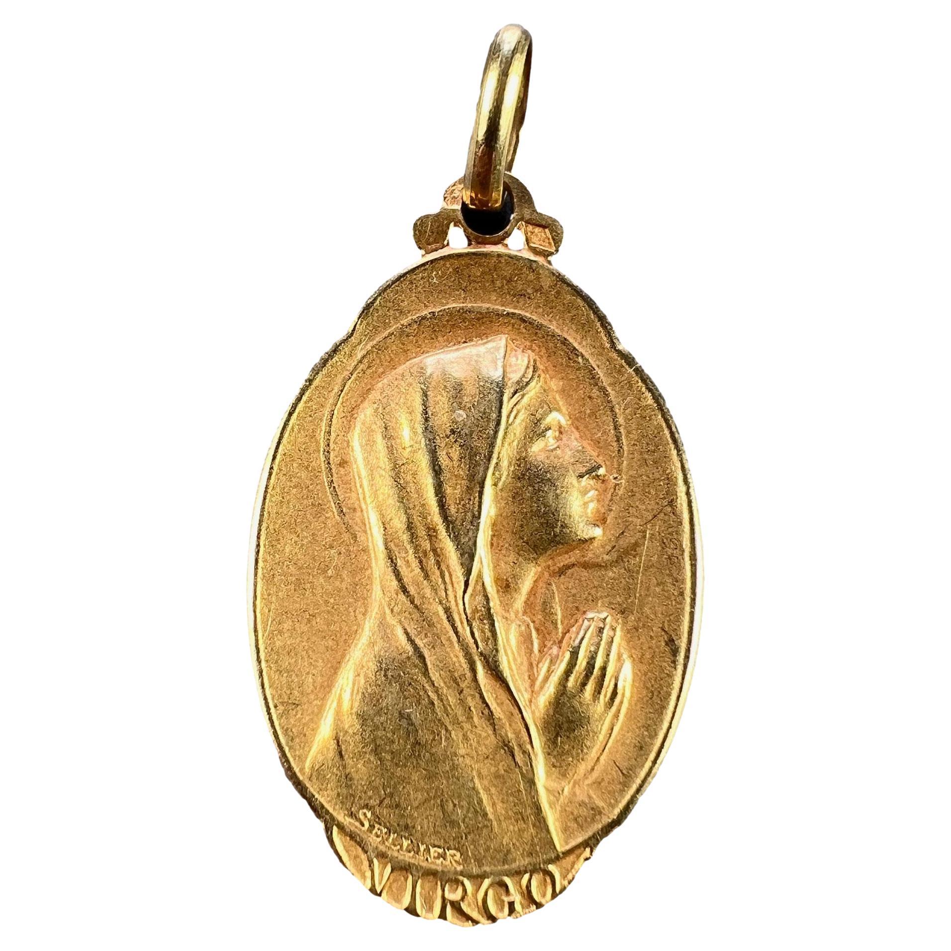 French Sellier Virgin Mary 18K Yellow Gold Medal Charm Pendant For Sale