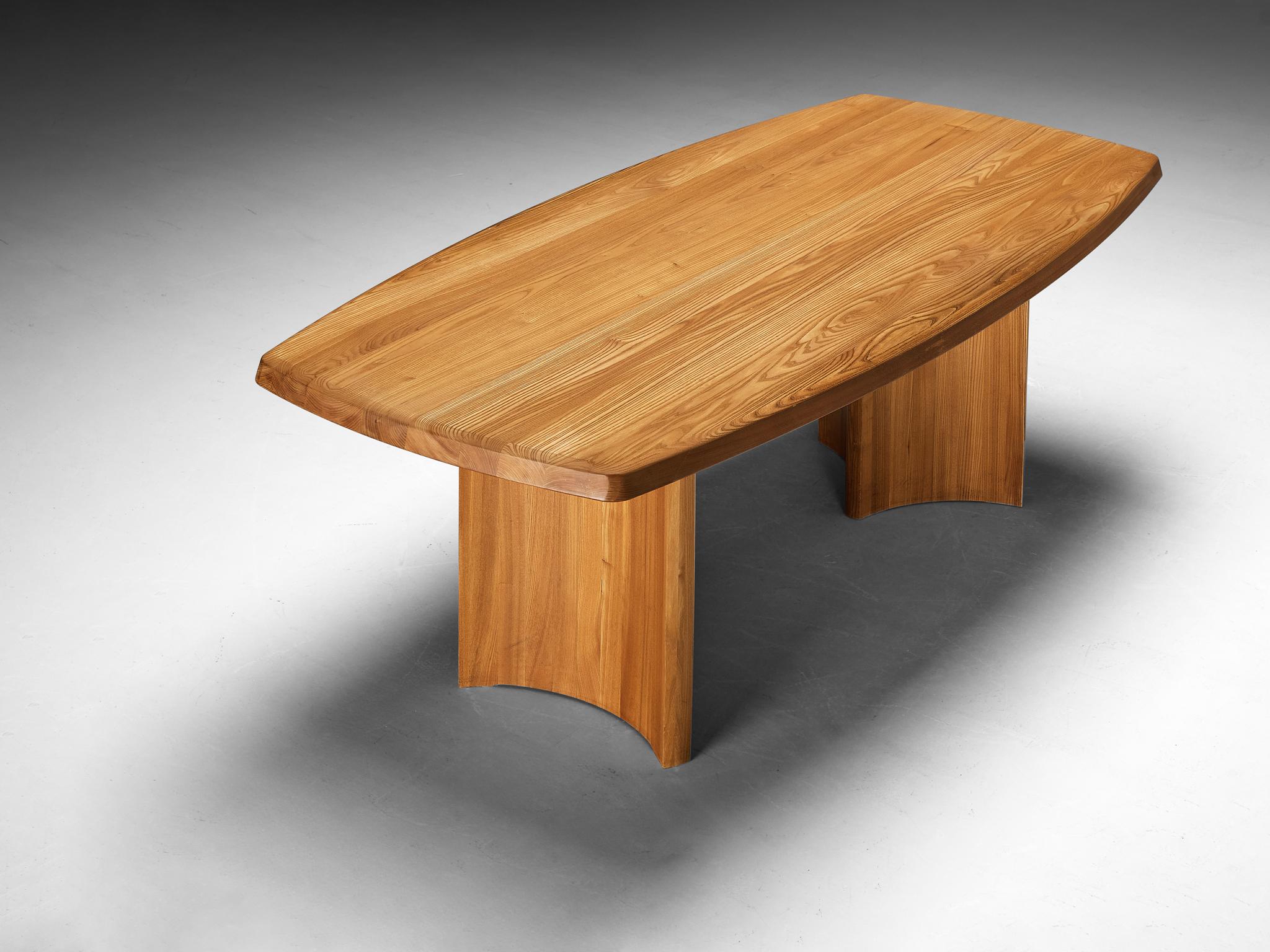 Ebénisterie Seltz, dining table, solid elm, France, 1980s

Situated in a small French region Alsace, Ebénisterie Seltz gained prominence as a workshop recognized for crafting, among others, Pierre Chapo's designs in the 1970s and 1980s.