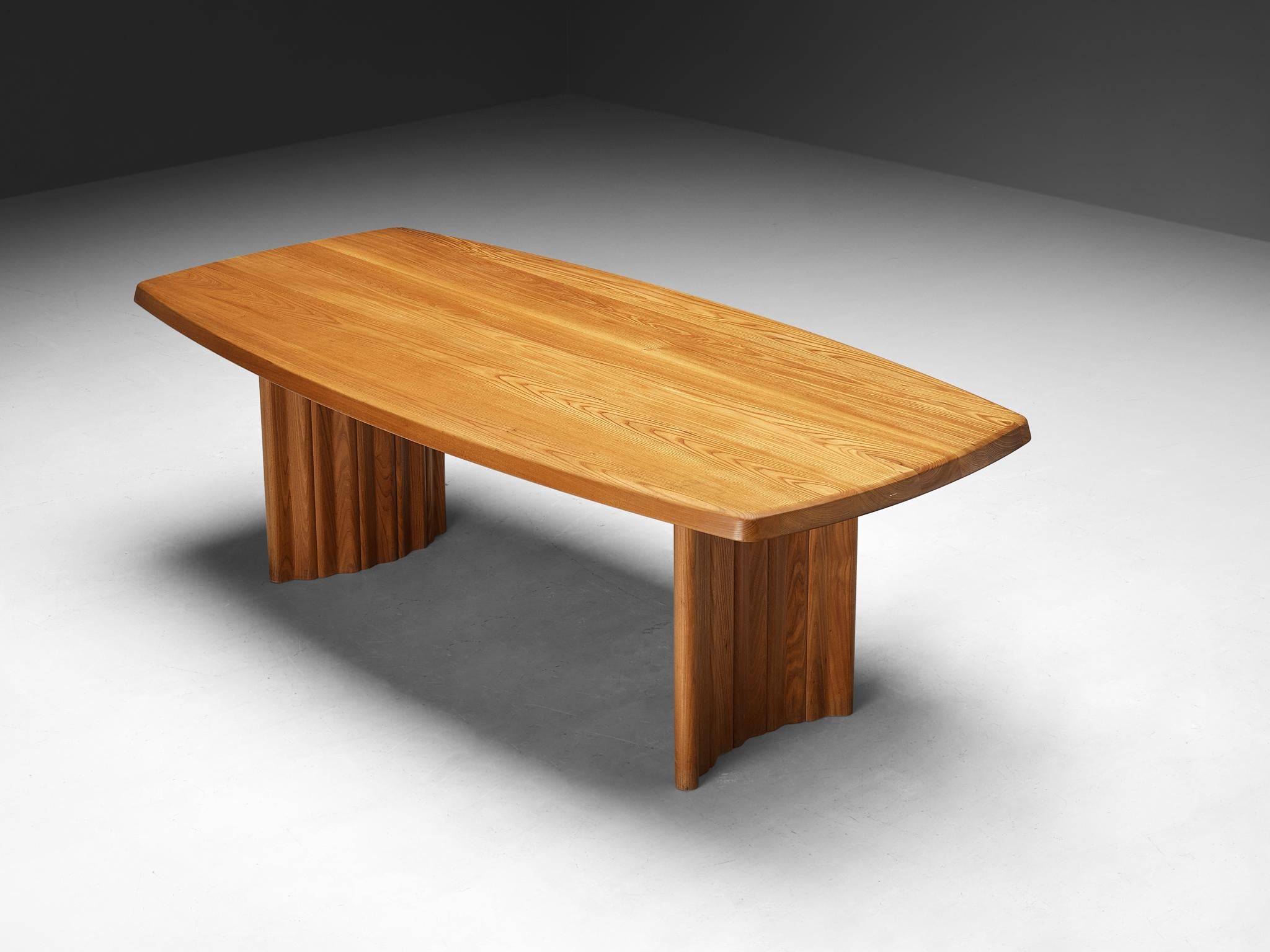Ebénisterie Seltz, dining table, solid elm, France, 1980s

Situated in a small French region Alsace, Ebénisterie Seltz gained prominence as a workshop recognized for crafting, among others, Pierre Chapo's designs in the 1970s and 1980s.