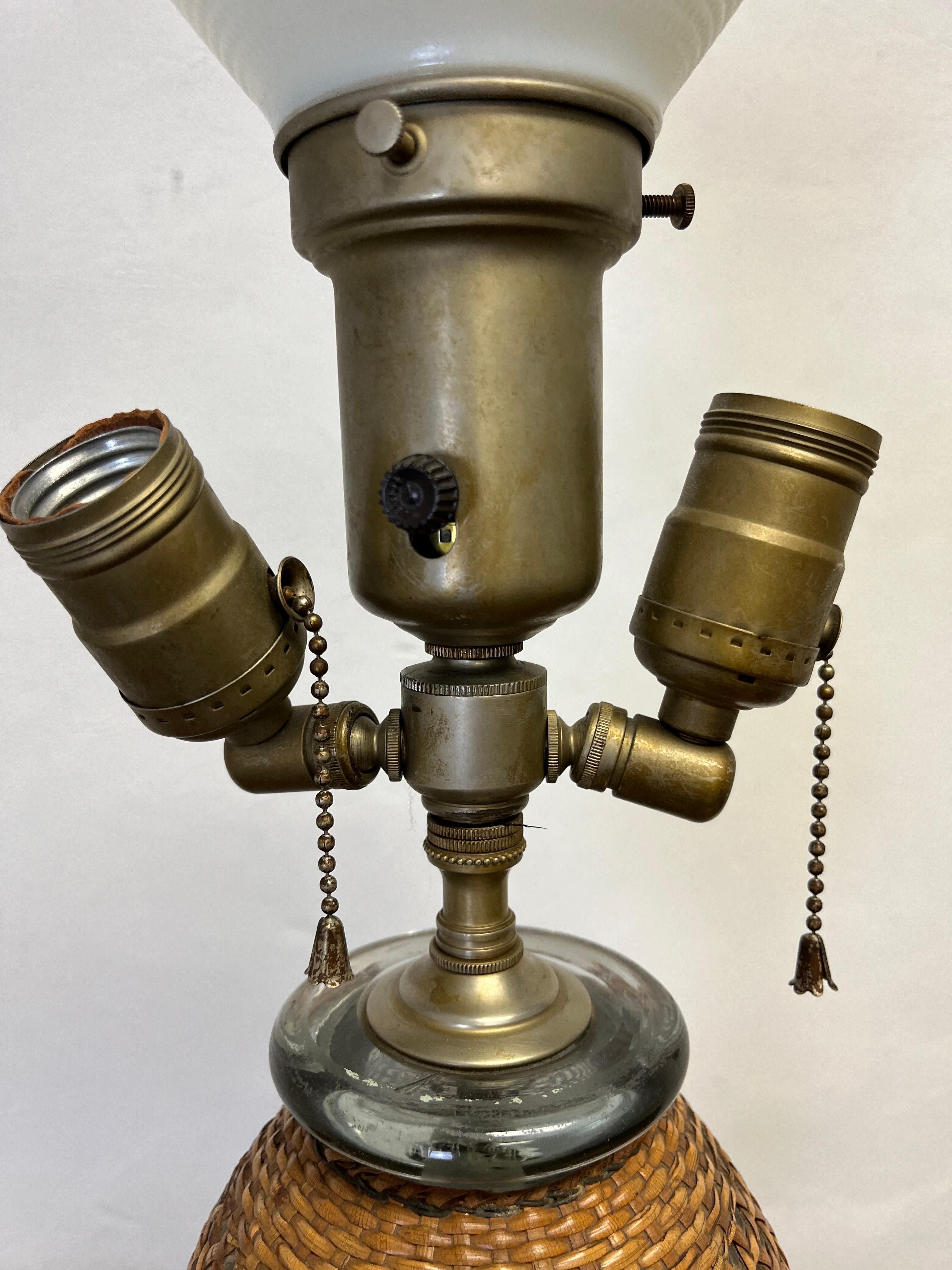 Hand-Crafted French Wicker Seltzer Bottle Table Lamp For Sale